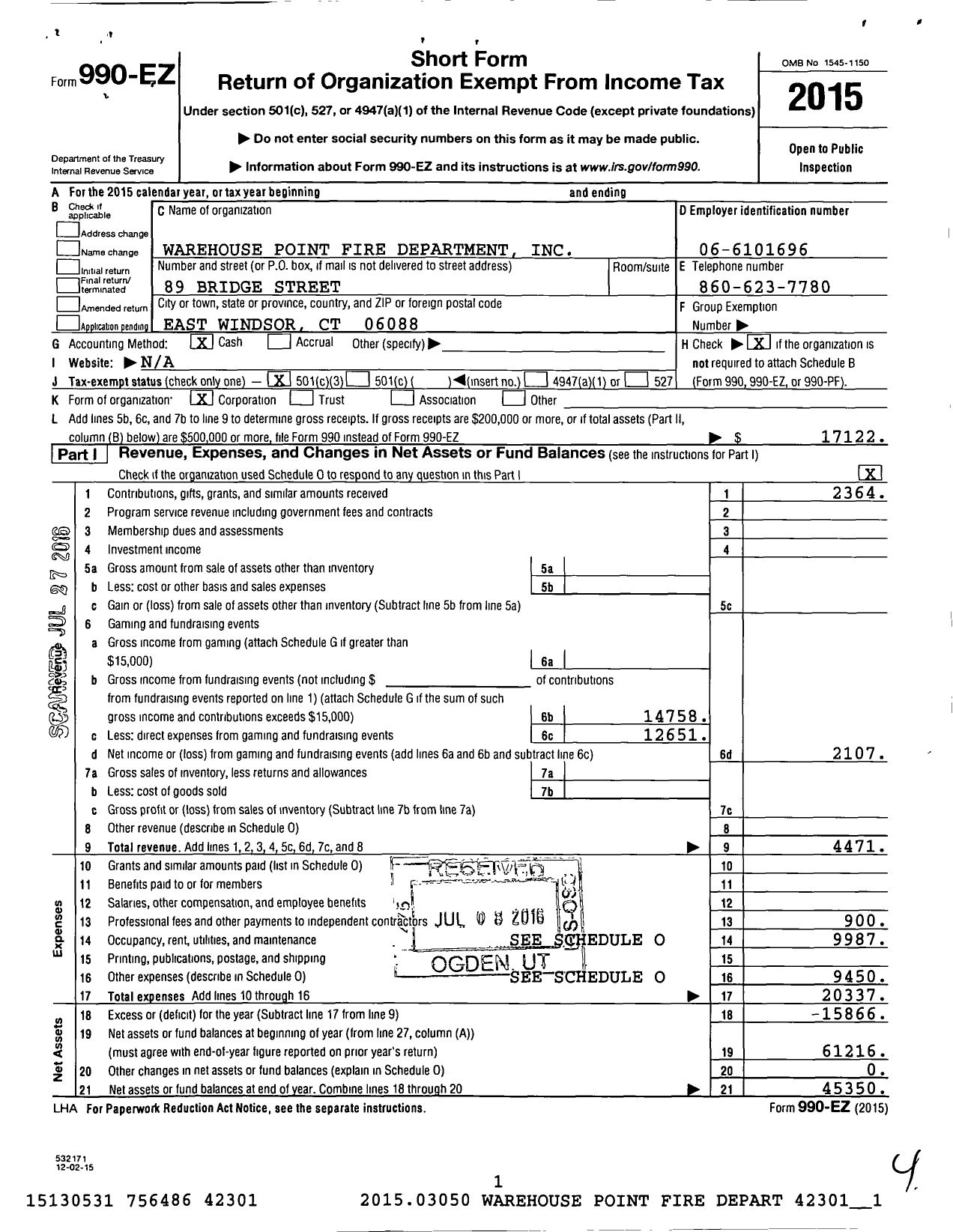 Image of first page of 2015 Form 990EZ for Warehouse Point Fire Department Incorporated