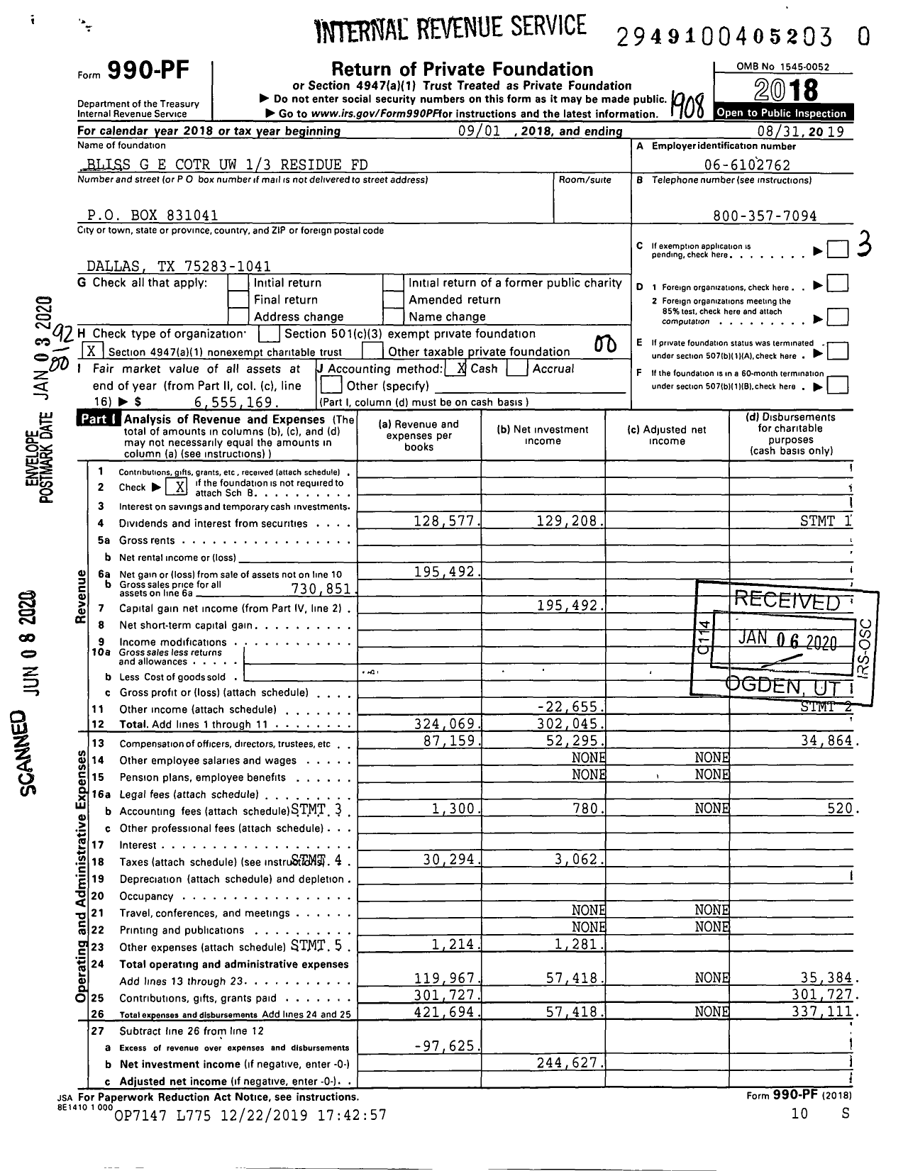 Image of first page of 2018 Form 990PR for Bliss G E Cotr Uw 13 Residue Fund