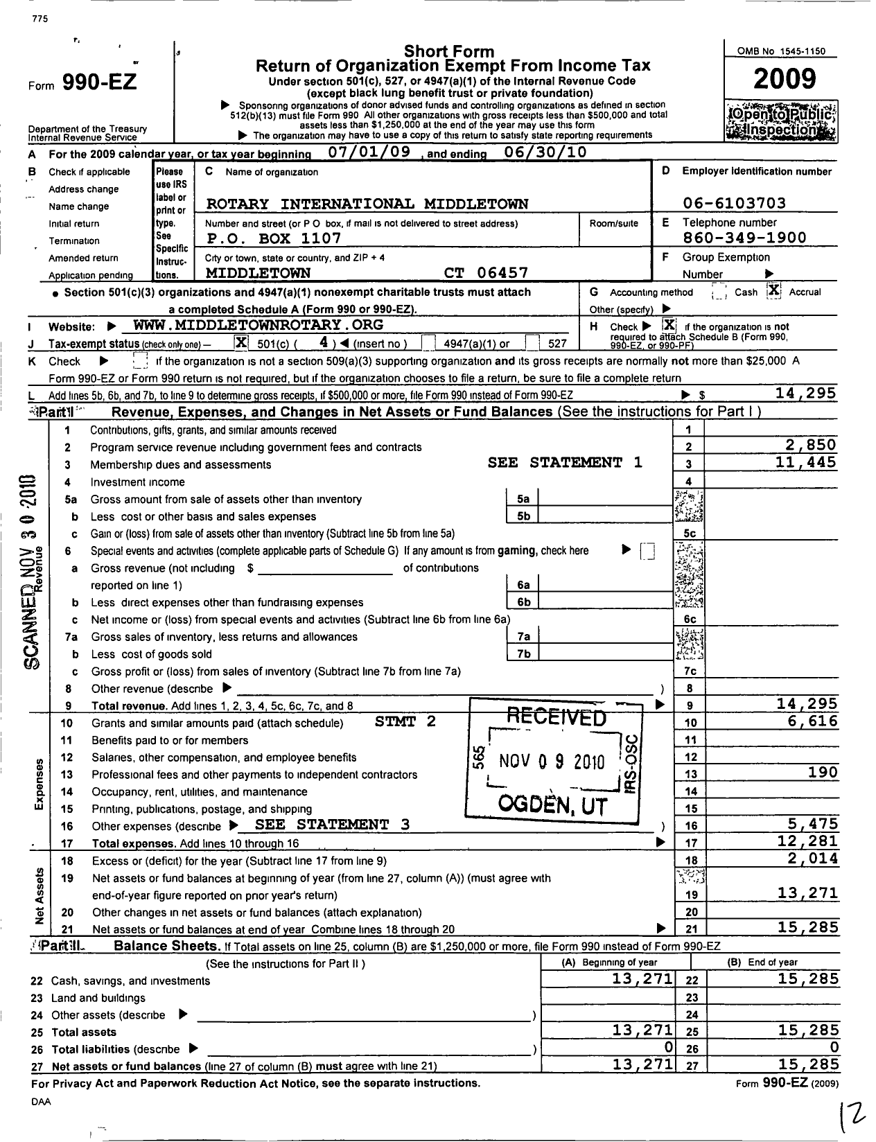 Image of first page of 2009 Form 990EO for Rotary International - Middletown Rotary Club