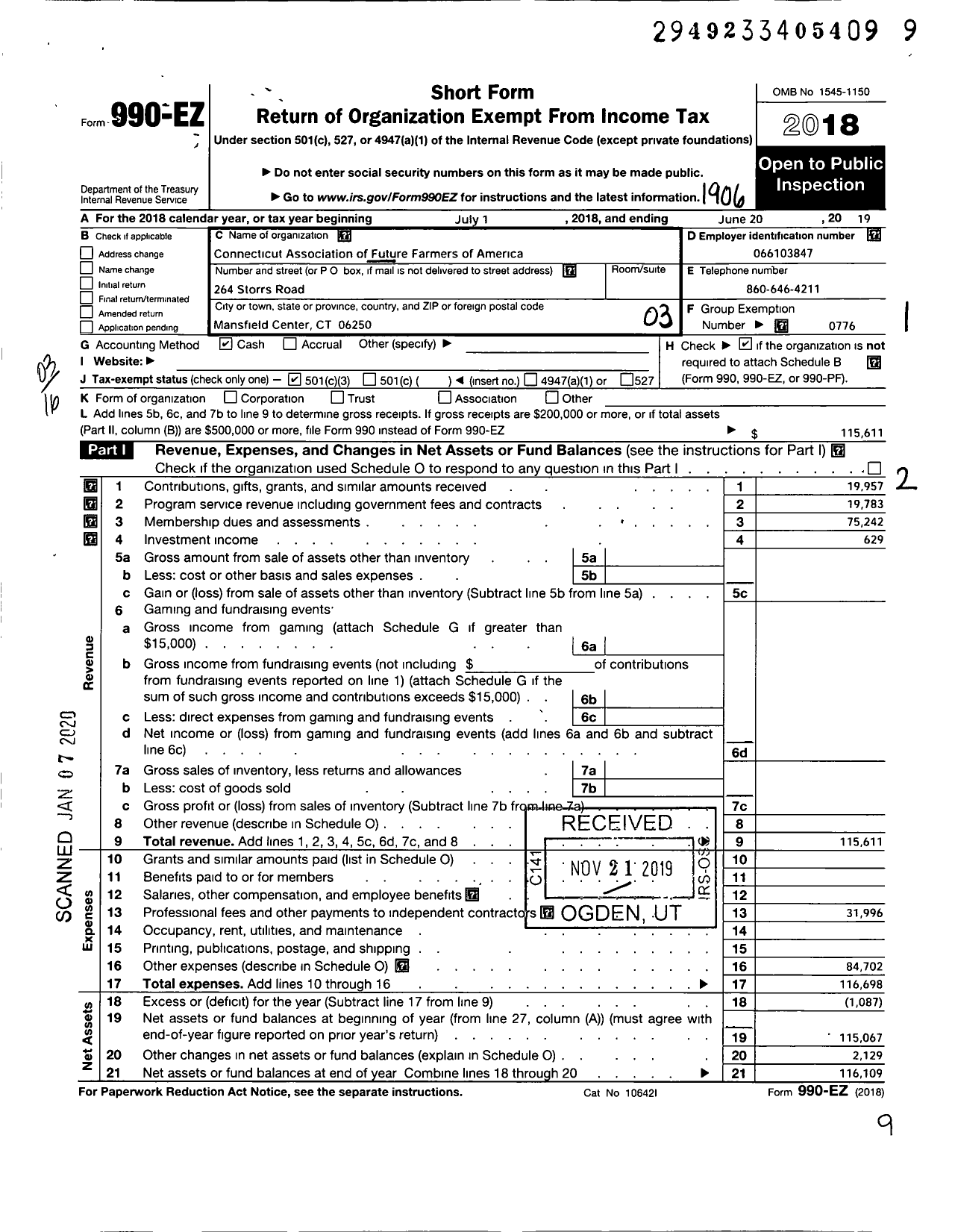 Image of first page of 2018 Form 990EZ for Future Farmers of America - Connecticut State Department