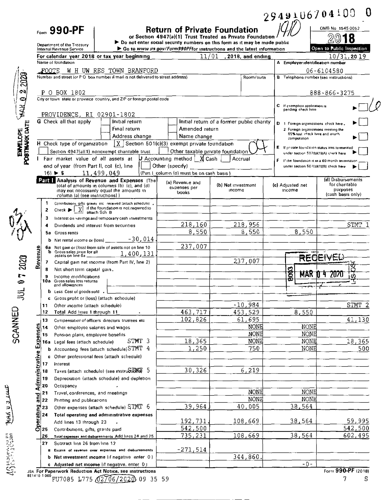 Image of first page of 2018 Form 990PR for Foote W H Uw Res Town Branford