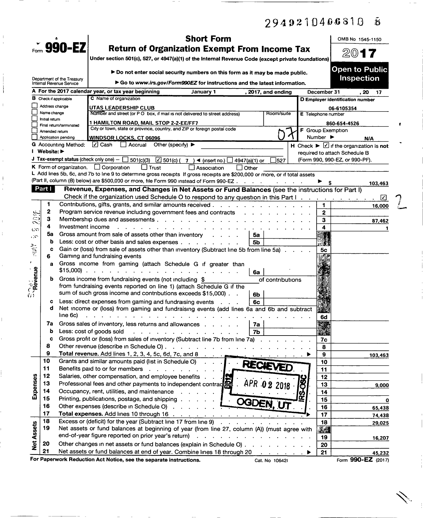 Image of first page of 2017 Form 990EO for Utas Leadership Club