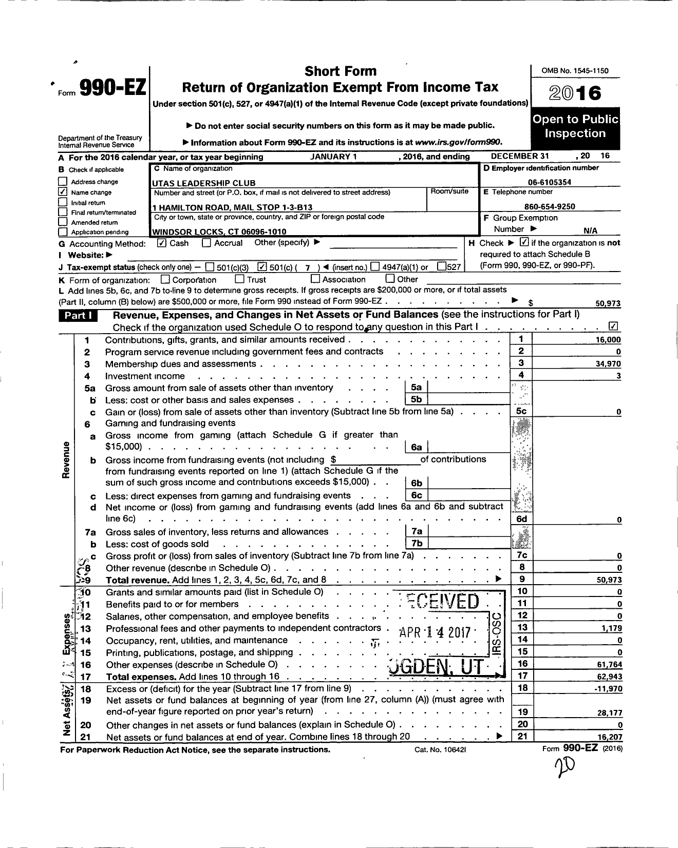 Image of first page of 2016 Form 990EO for Utas Leadership Club