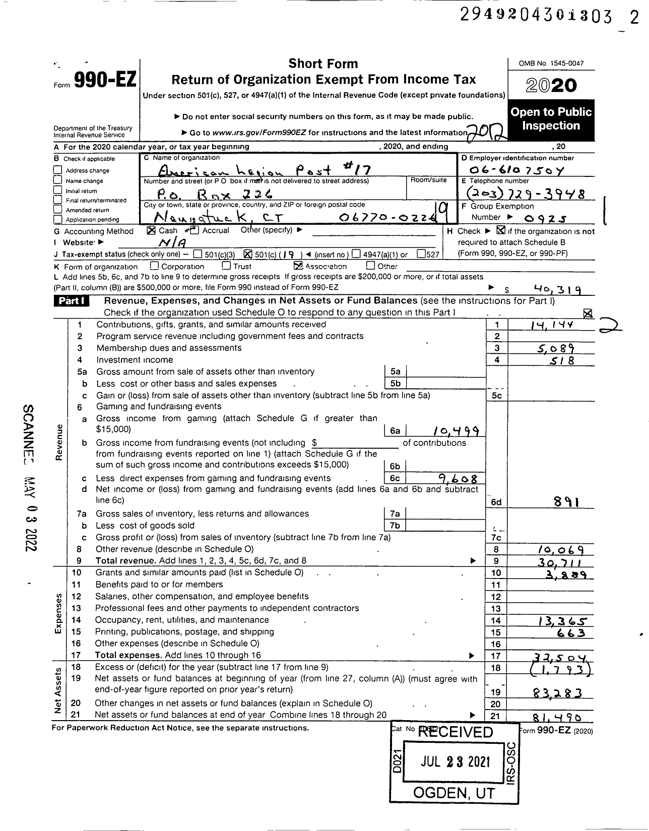 Image of first page of 2020 Form 990EO for American Legion - 17 Naugatuck