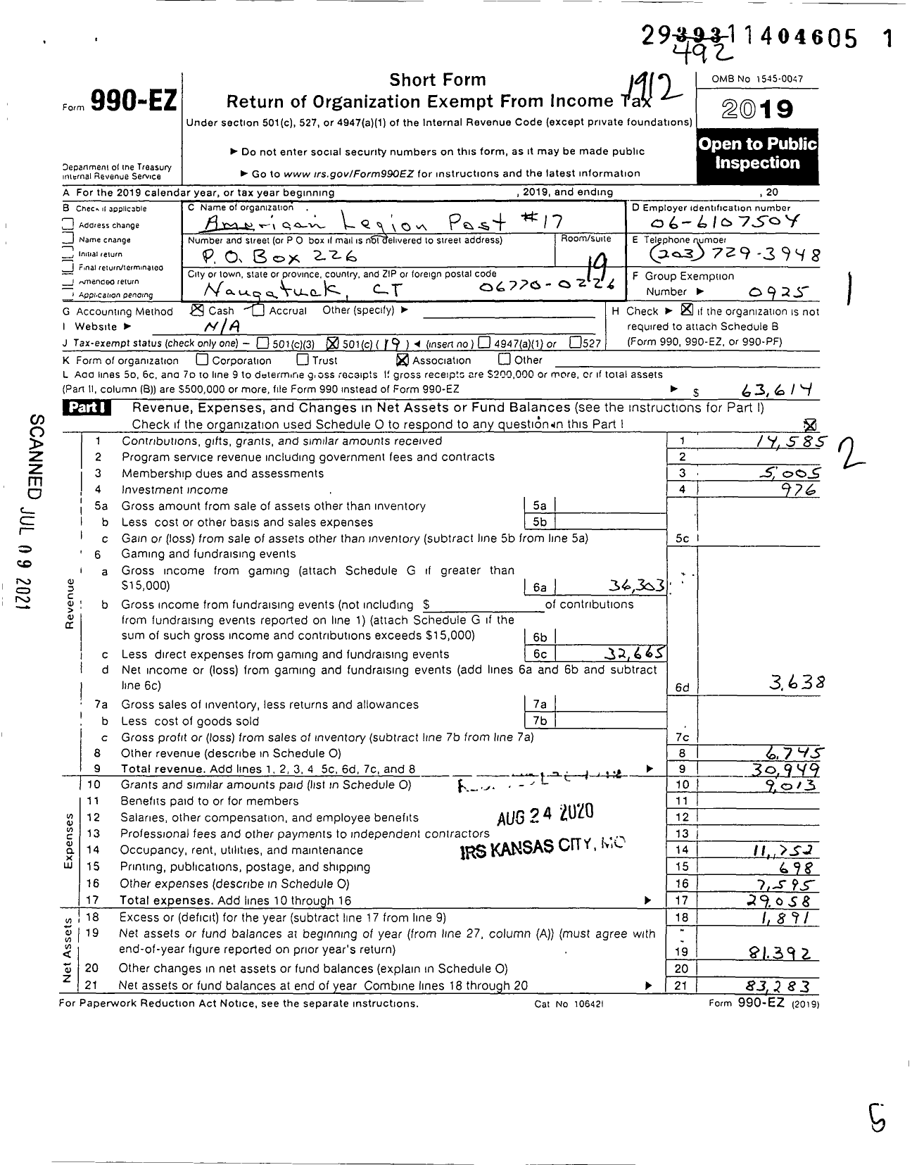 Image of first page of 2019 Form 990EO for American Legion - 17 Naugatuck