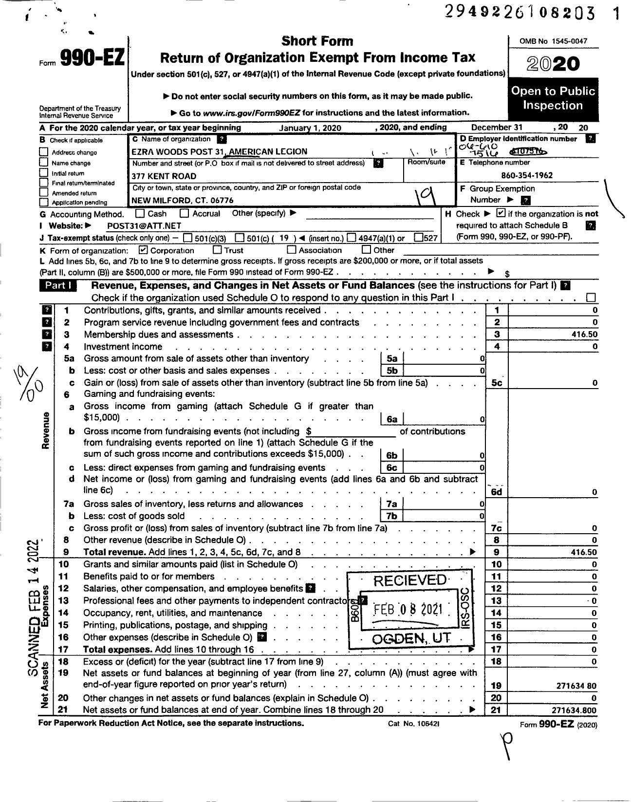 Image of first page of 2020 Form 990EO for Ezra Woods Post 31 American Legion