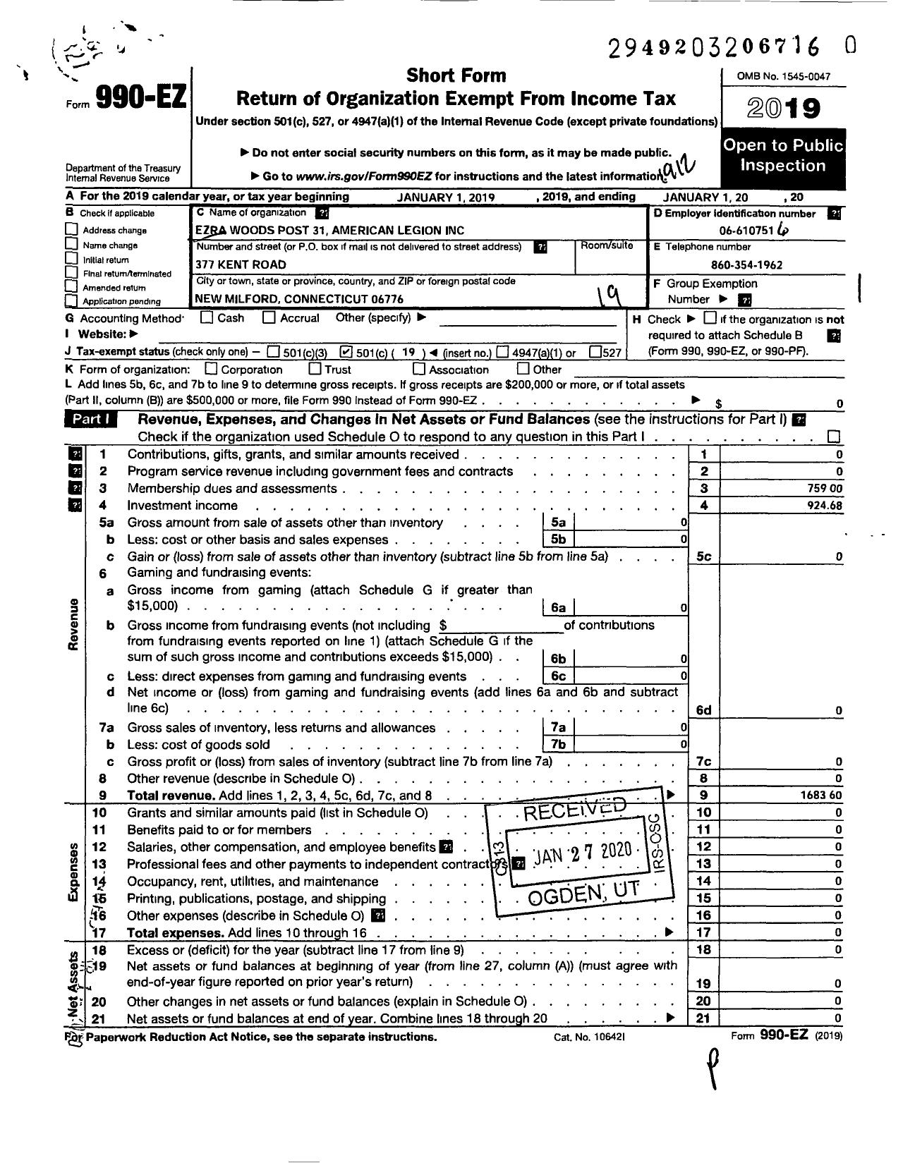 Image of first page of 2019 Form 990EO for Ezra Woods Post 31 American Legion