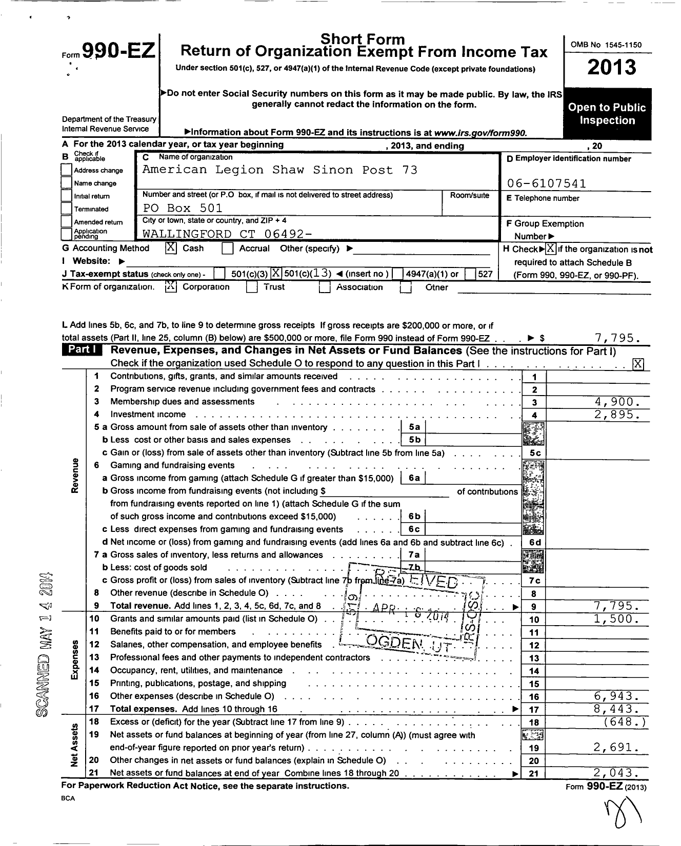 Image of first page of 2013 Form 990EO for American Legion - 73 Shaw Sinon