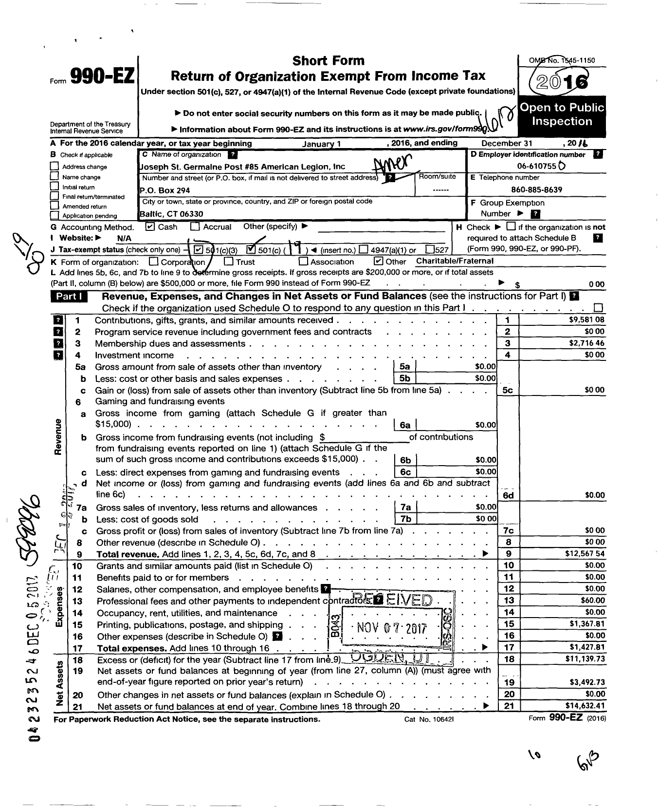 Image of first page of 2016 Form 990EO for American Legion - 85 Joseph St Germain Post