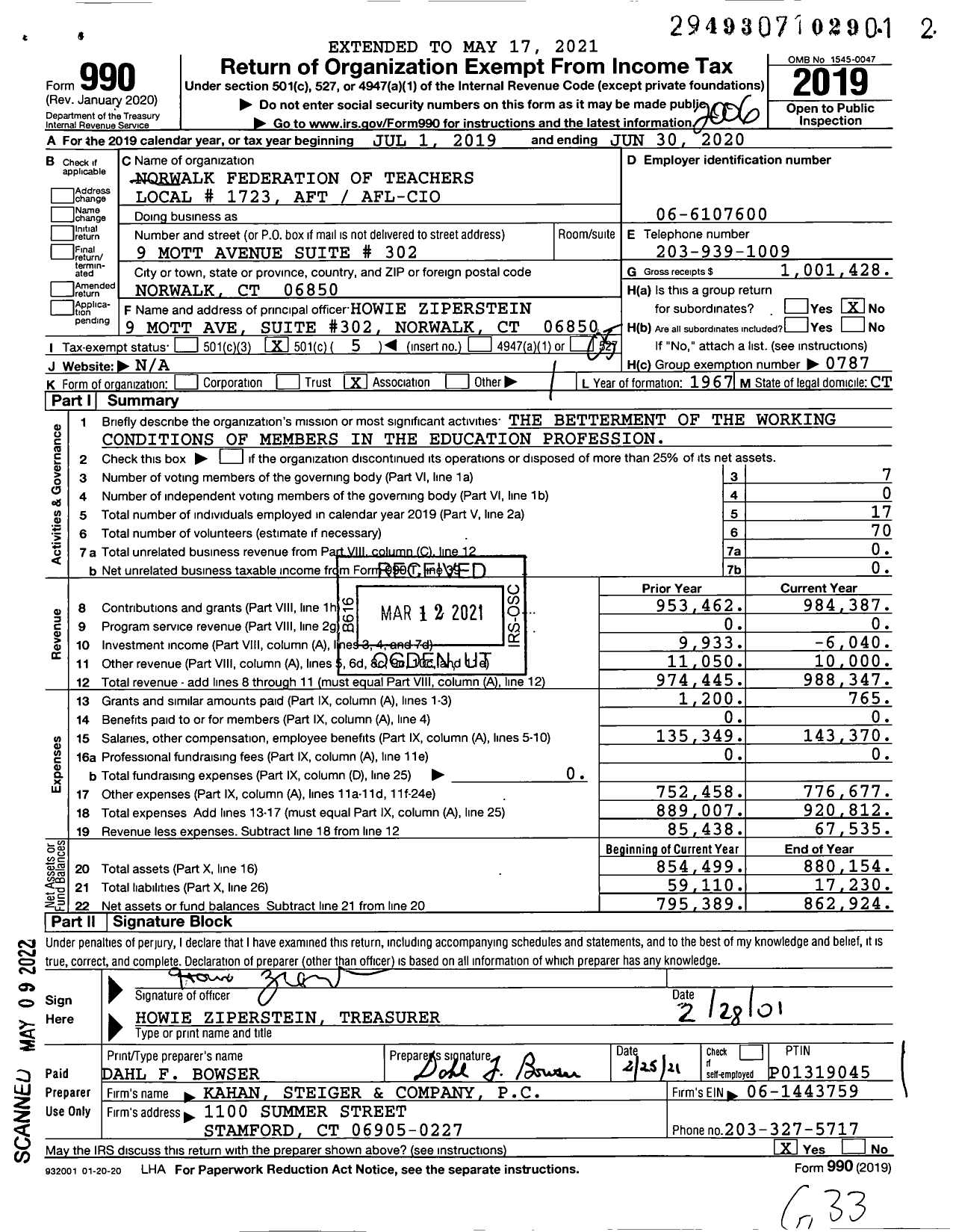 Image of first page of 2019 Form 990O for American Federation of Teachers - 1723 Norwalk Aft AFL-CIO