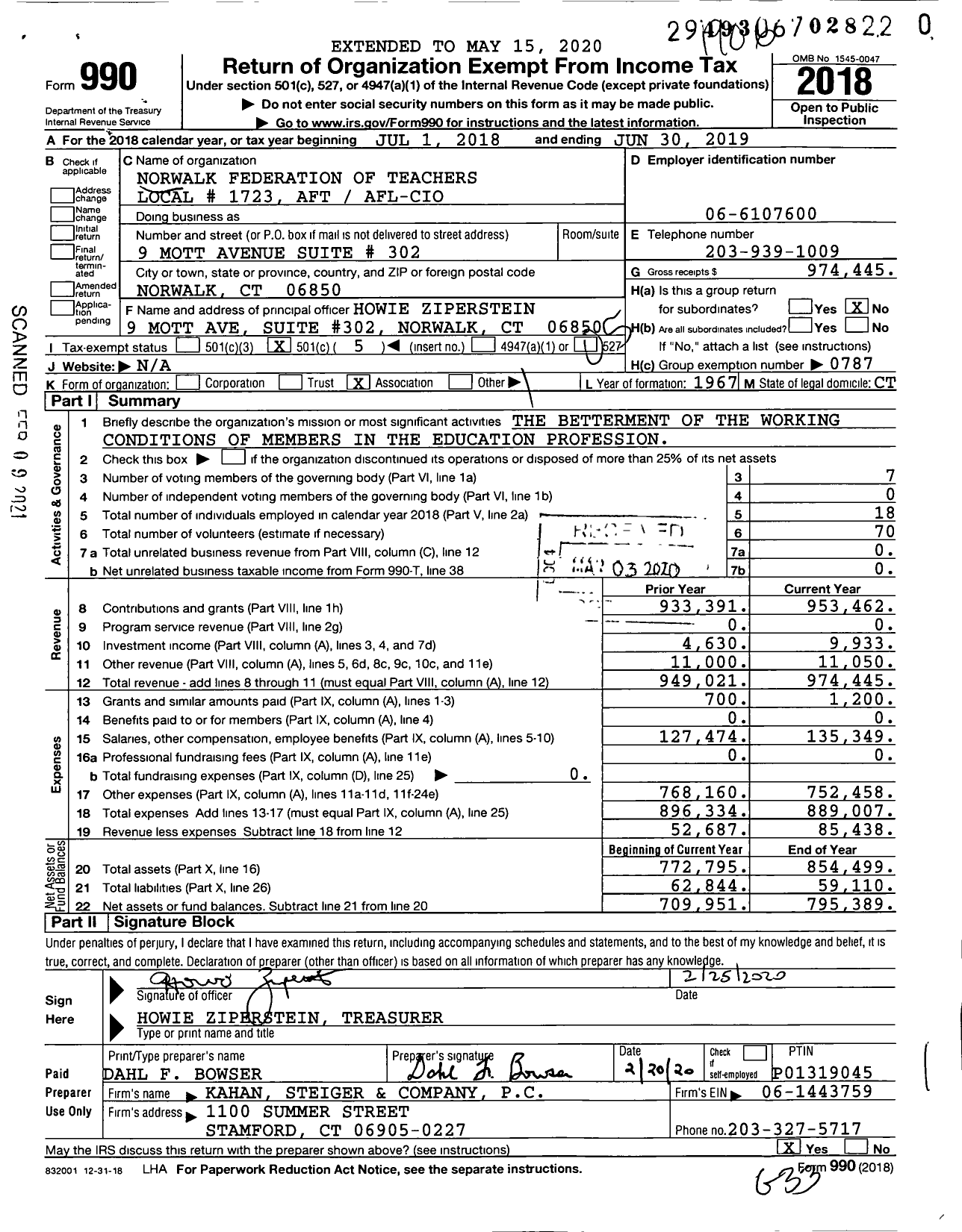 Image of first page of 2018 Form 990O for American Federation of Teachers - 1723 Norwalk Aft AFL-CIO