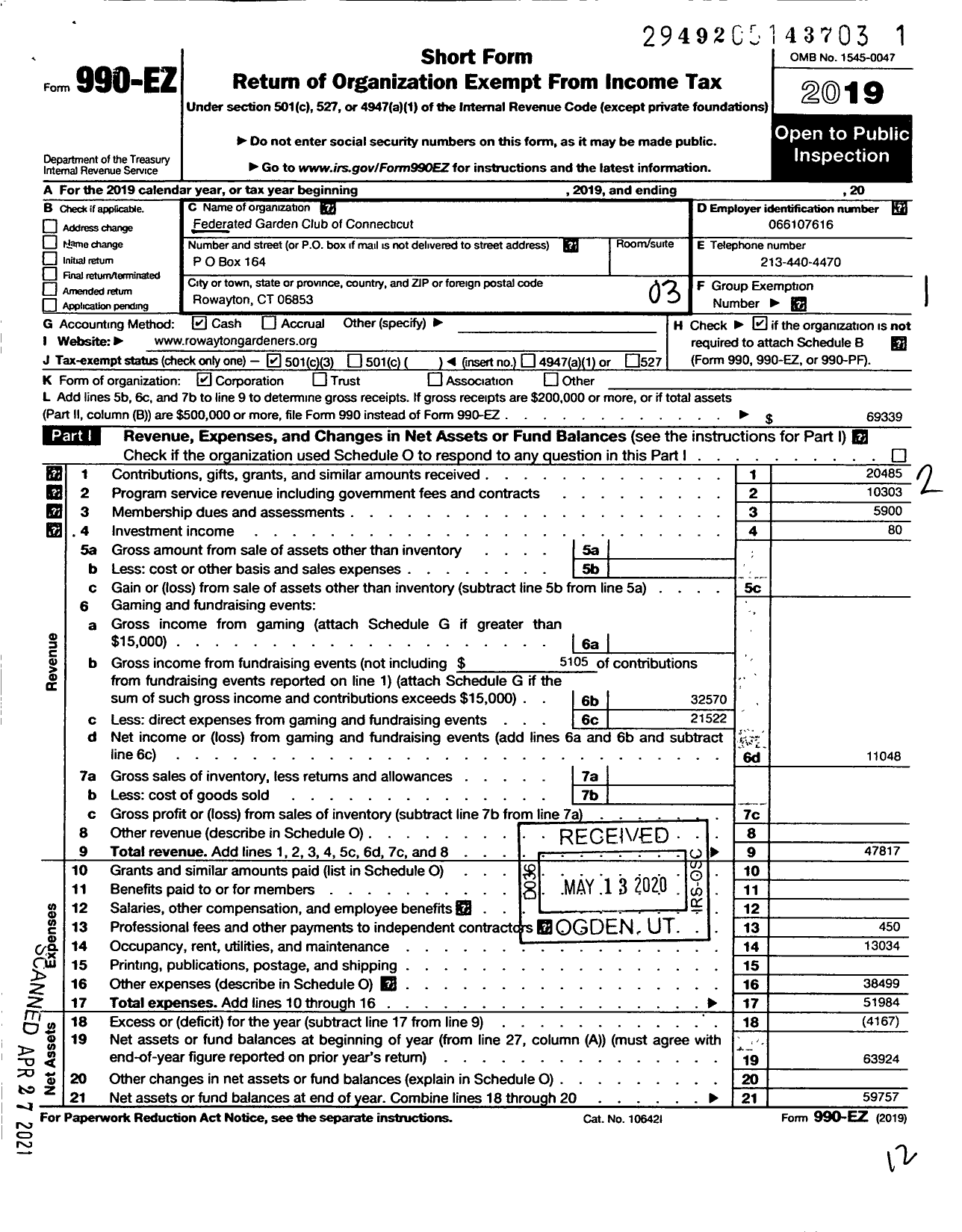 Image of first page of 2019 Form 990EZ for FEDERATED GARDEN CLUBS OF CONNECTICUT INC Rowayton Gardeners