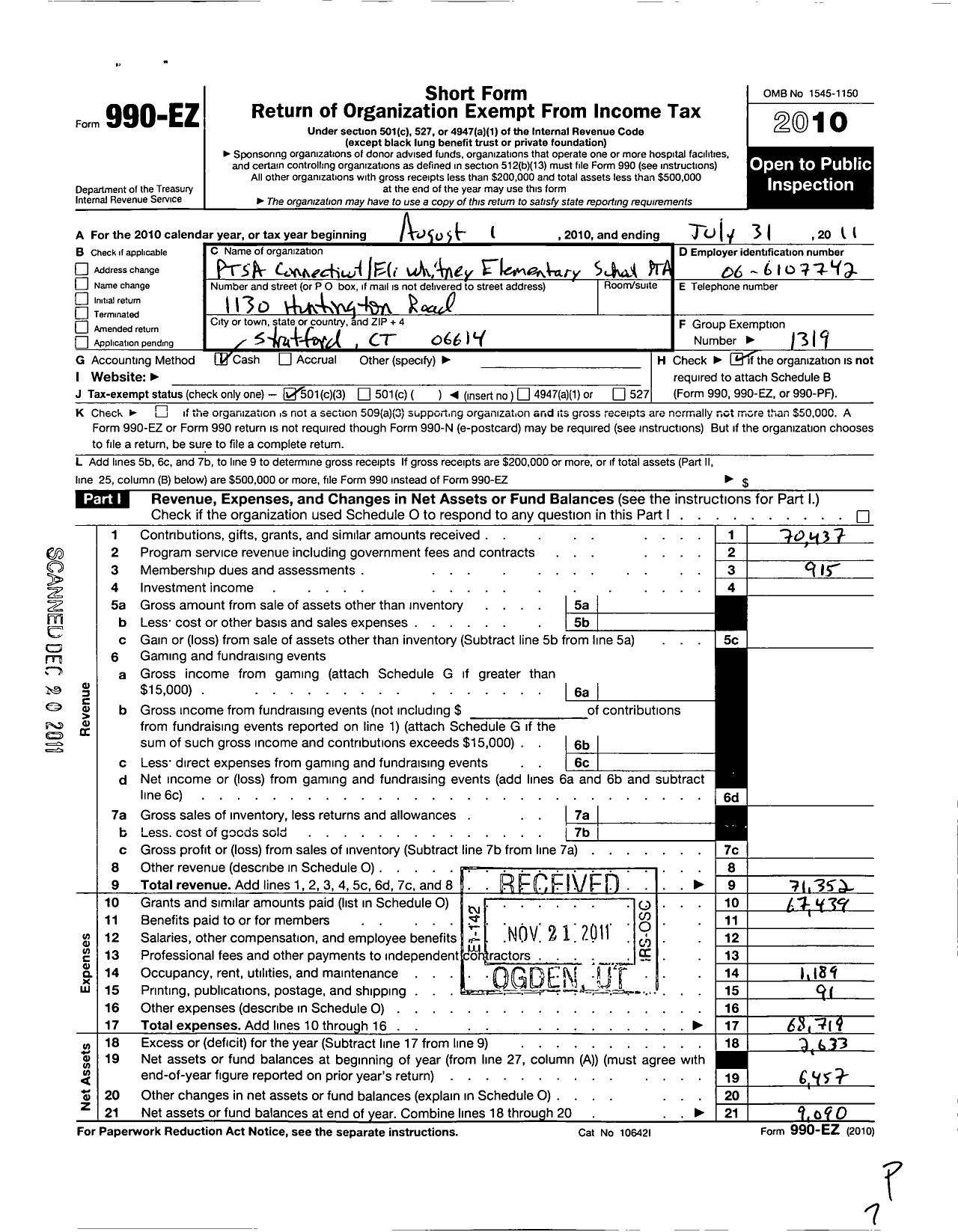 Image of first page of 2010 Form 990EZ for CT PTA - Eli Whitney PTA