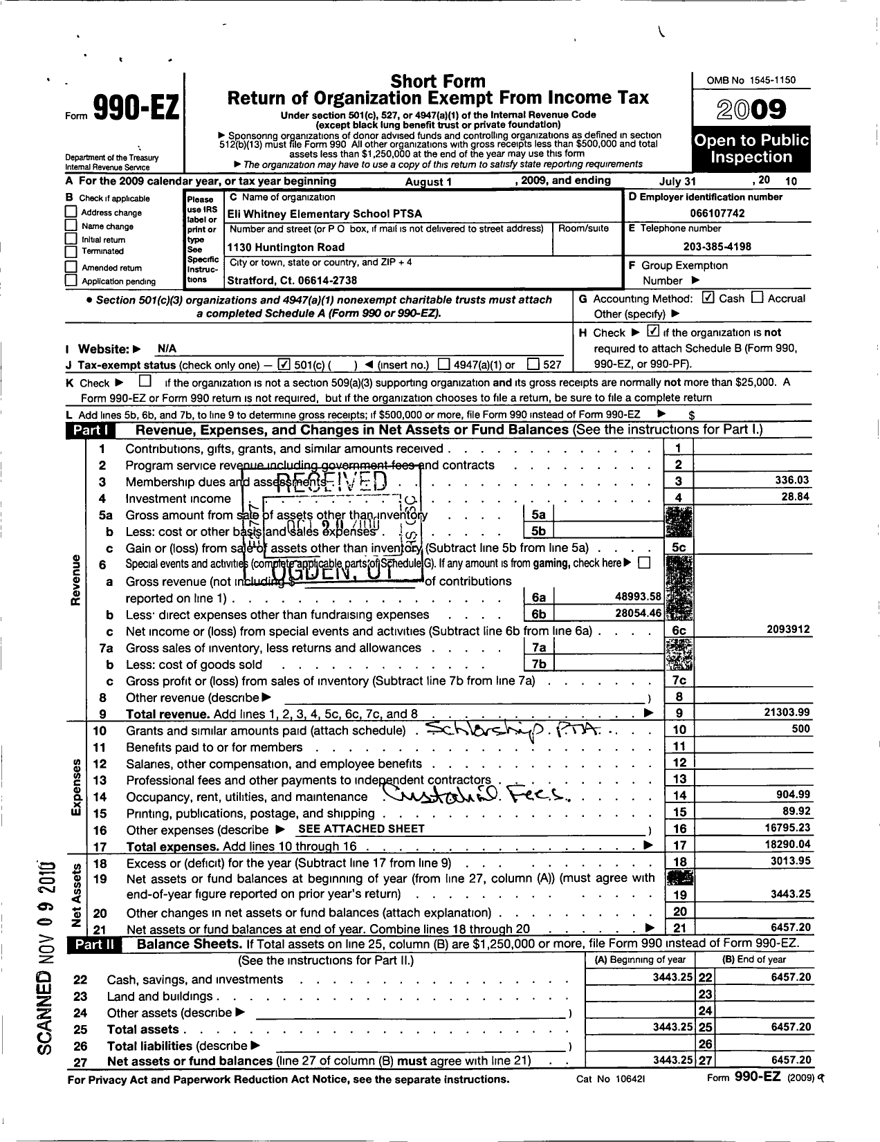 Image of first page of 2009 Form 990EO for CT PTA - Eli Whitney PTA