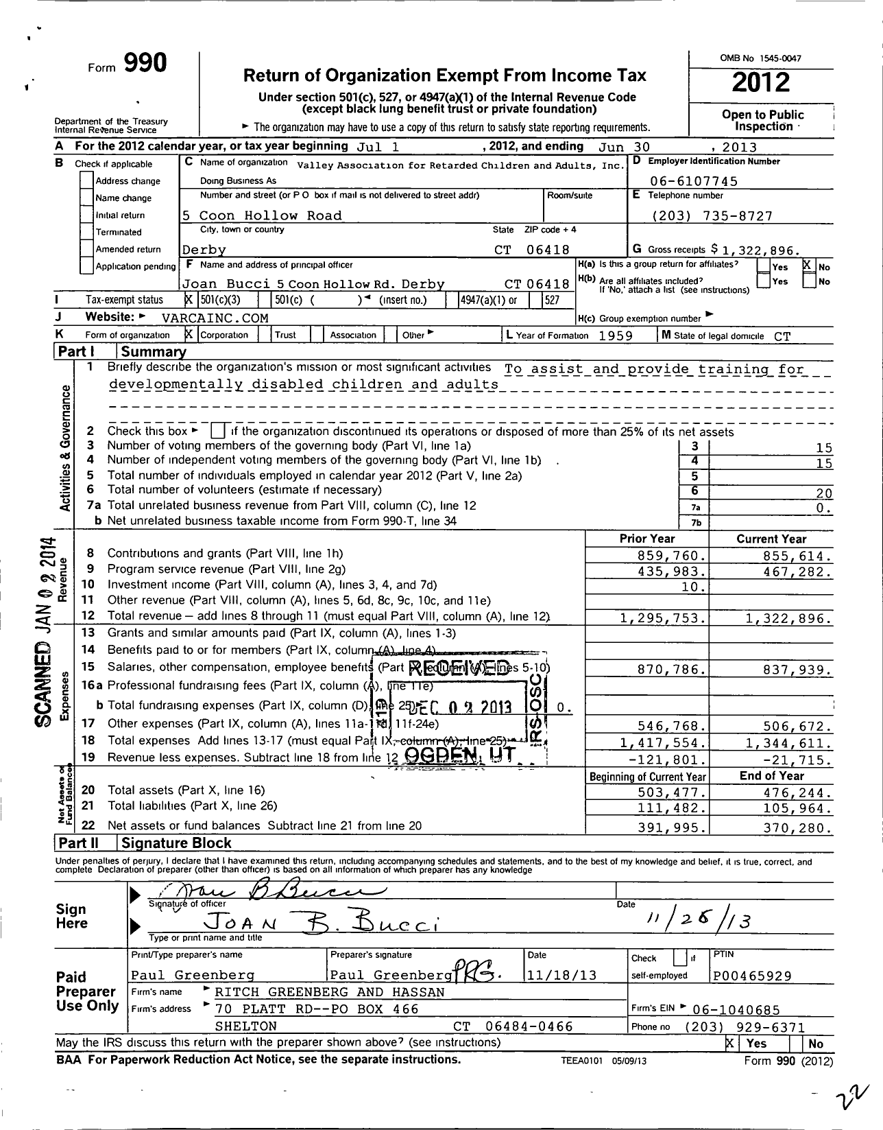 Image of first page of 2012 Form 990 for Valley Association for Retarded Children and Adults