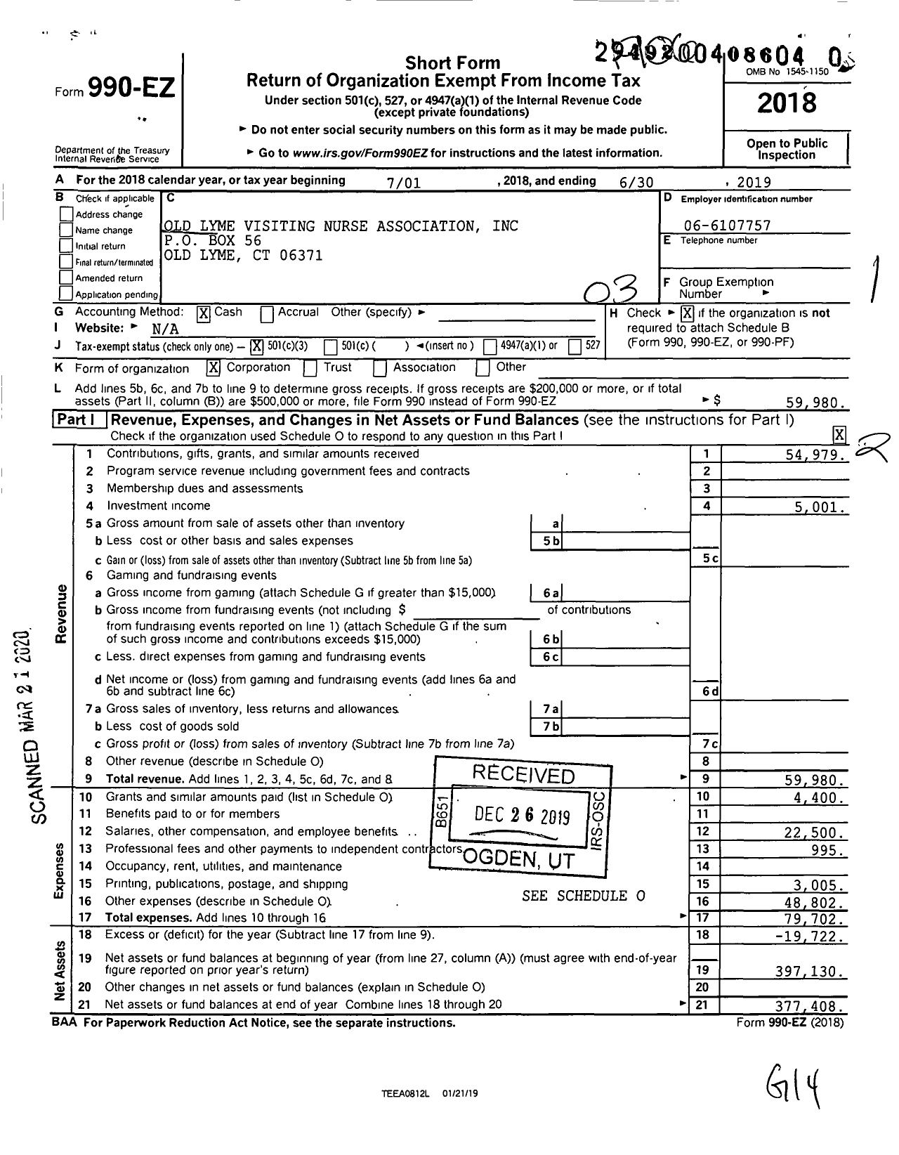 Image of first page of 2018 Form 990EZ for Visiting Nurse Association Old Lyme