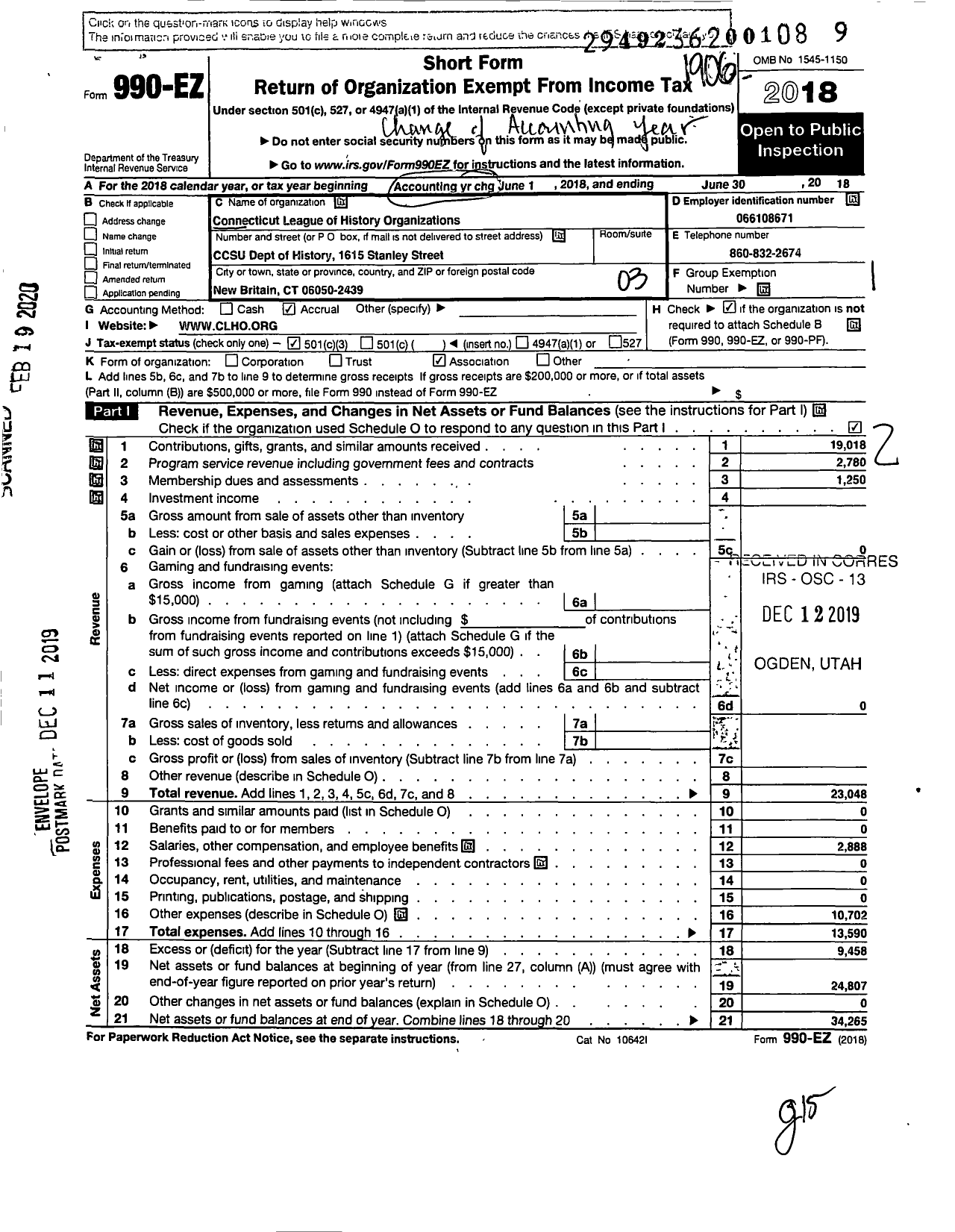 Image of first page of 2018 Form 990EZ for Connecticut League of History Organizations Organizations