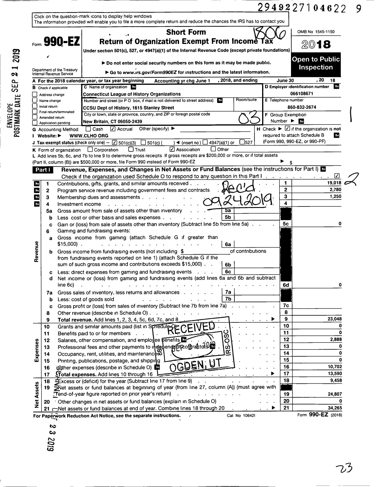 Image of first page of 2017 Form 990EZ for Connecticut League of History Organizations Organizations