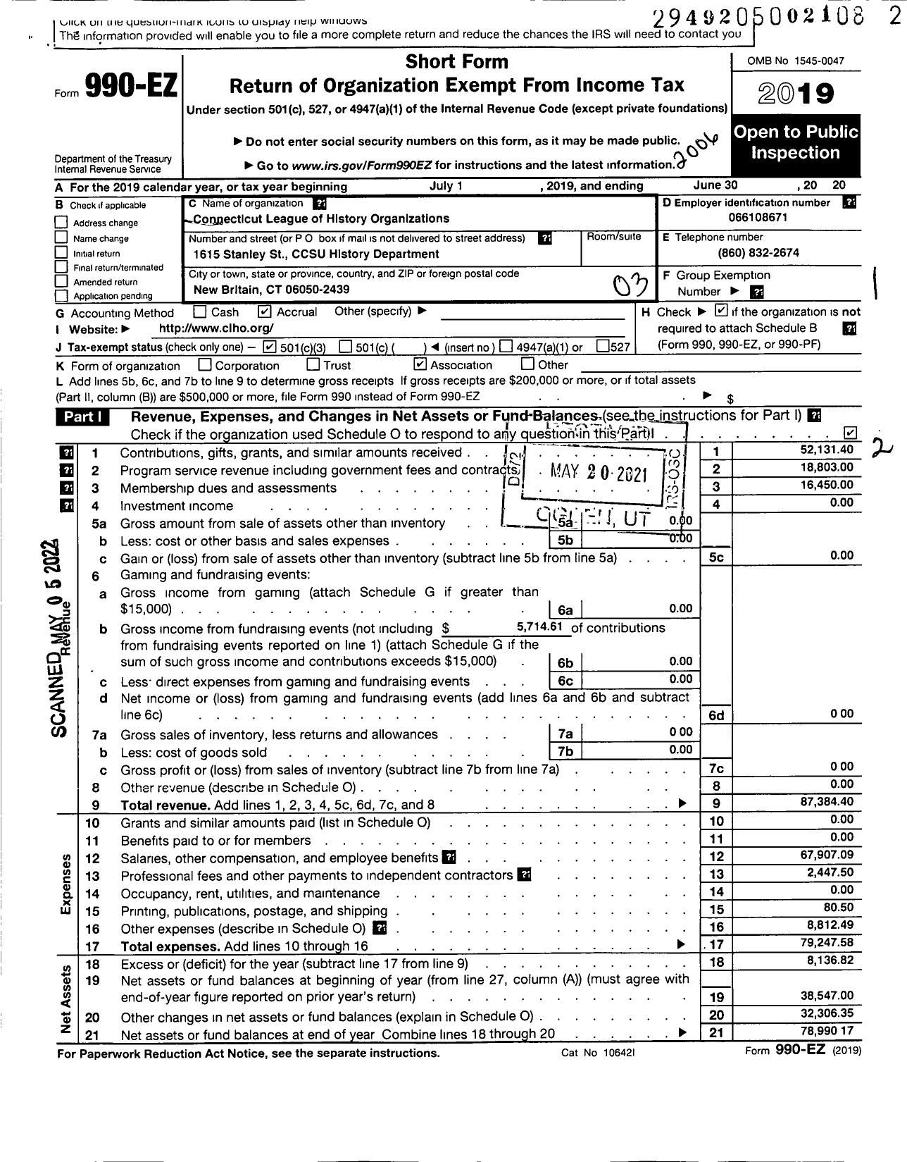 Image of first page of 2019 Form 990EZ for Connecticut League of History Organizations Organizations