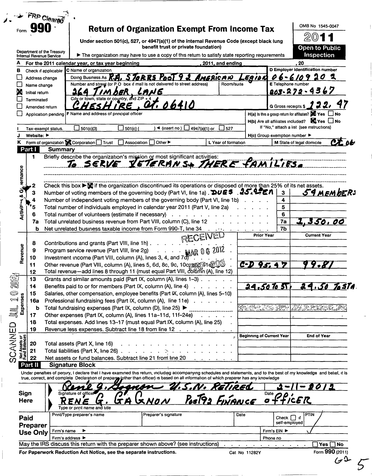 Image of first page of 2011 Form 990O for American Legion - 92 R A Storrs