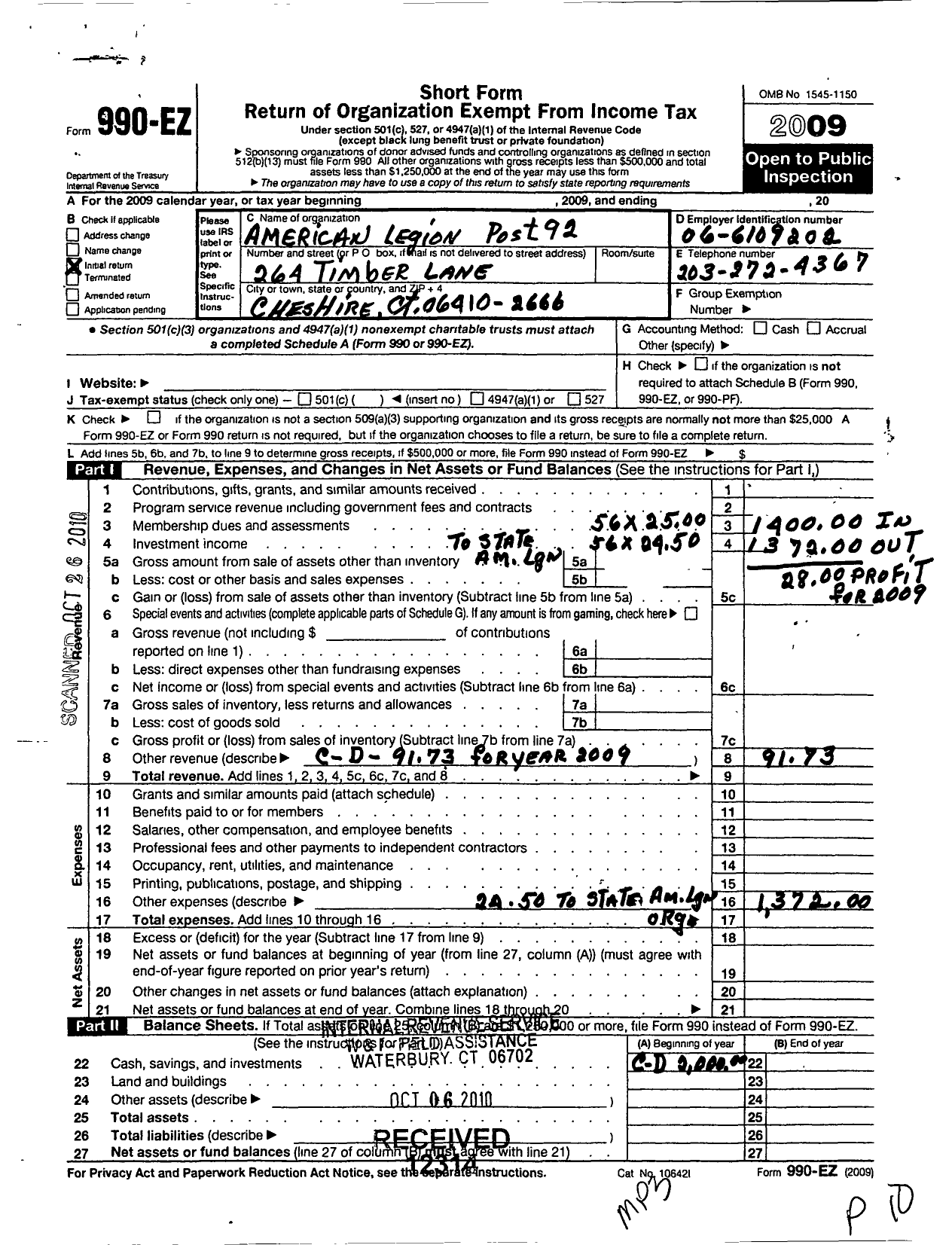 Image of first page of 2009 Form 990EO for American Legion - 92 R A Storrs