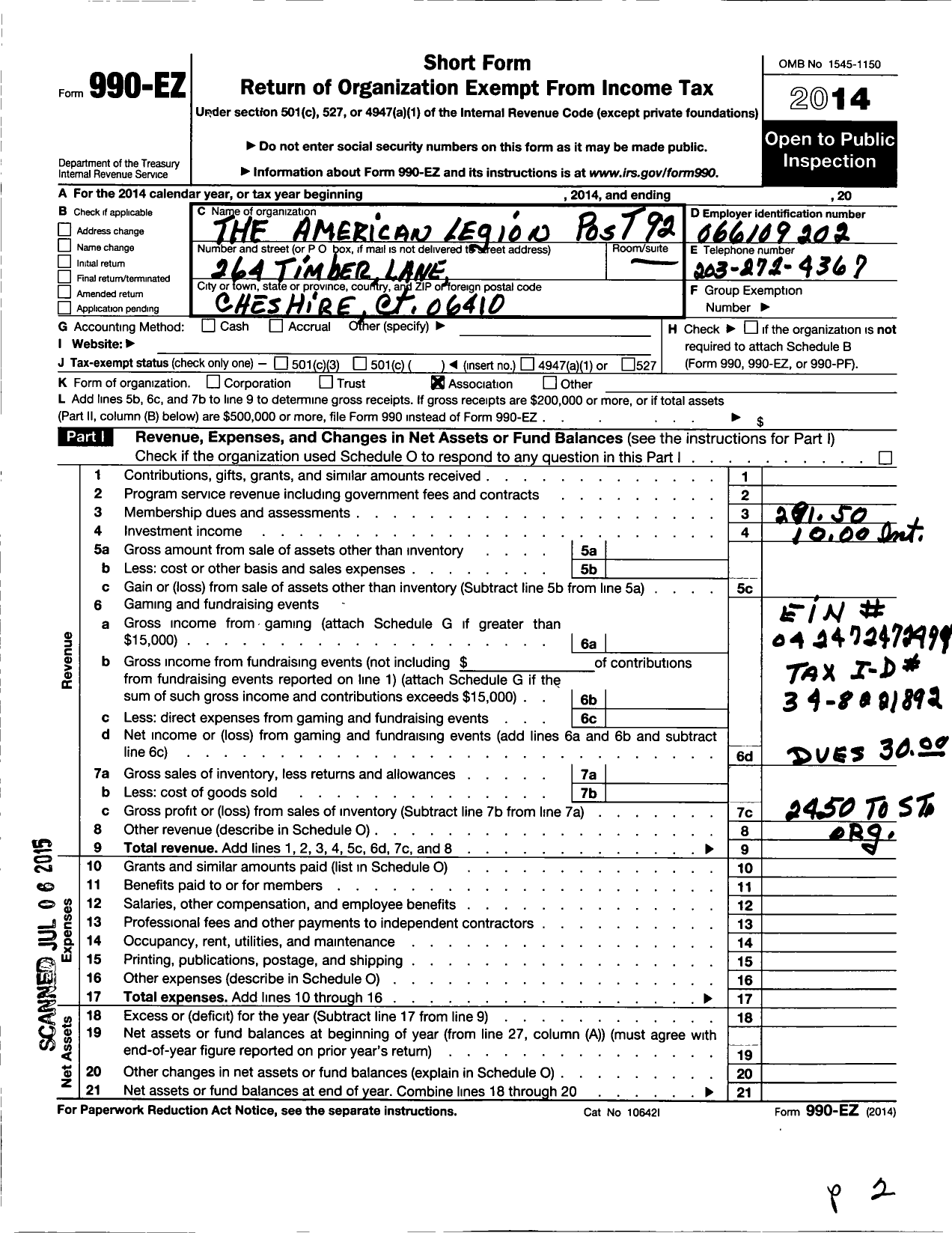 Image of first page of 2014 Form 990EO for American Legion - 92 R A Storrs