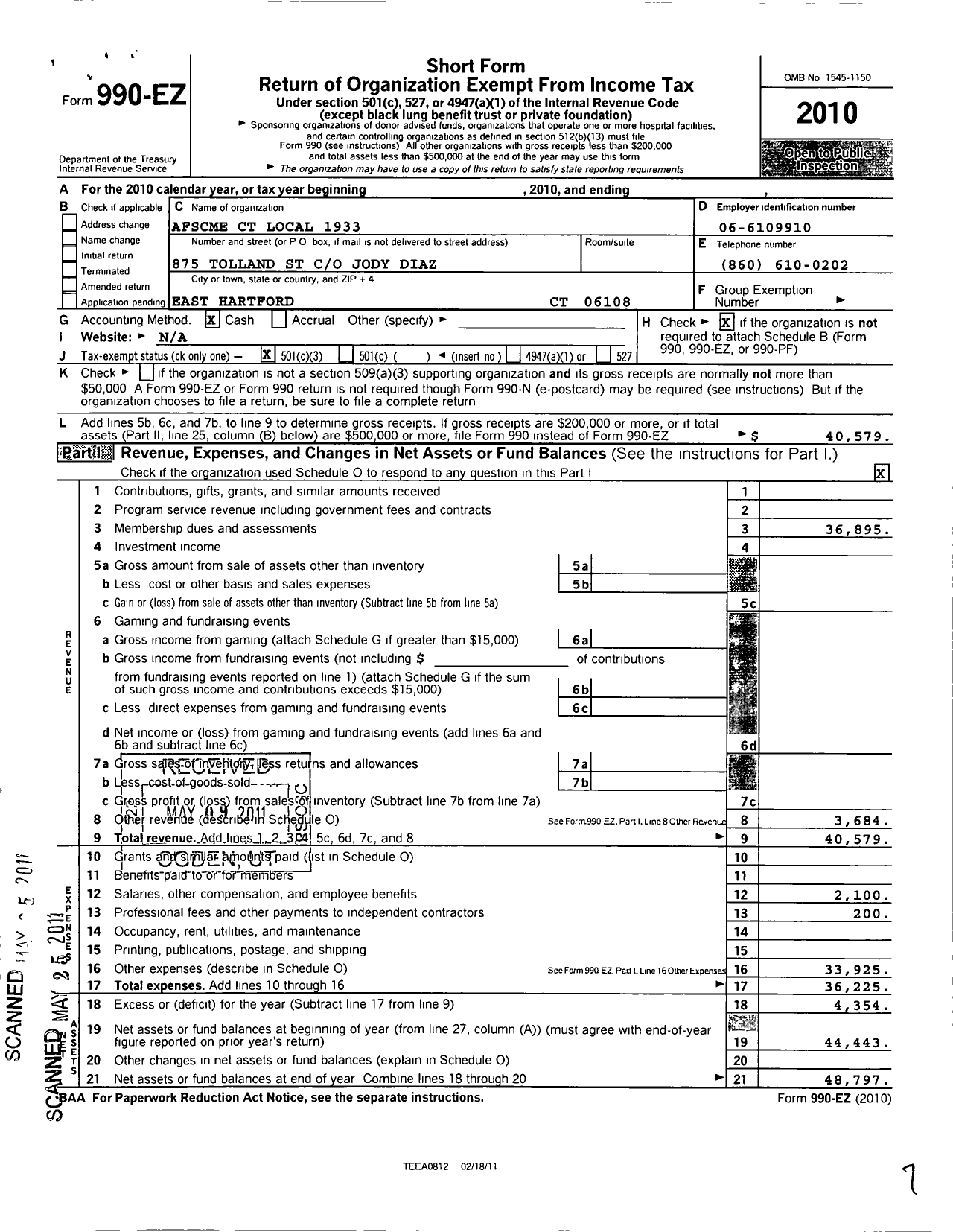 Image of first page of 2010 Form 990EZ for American Federation of State County & Municipal Employees - L1933CT E Hartford BD of Education