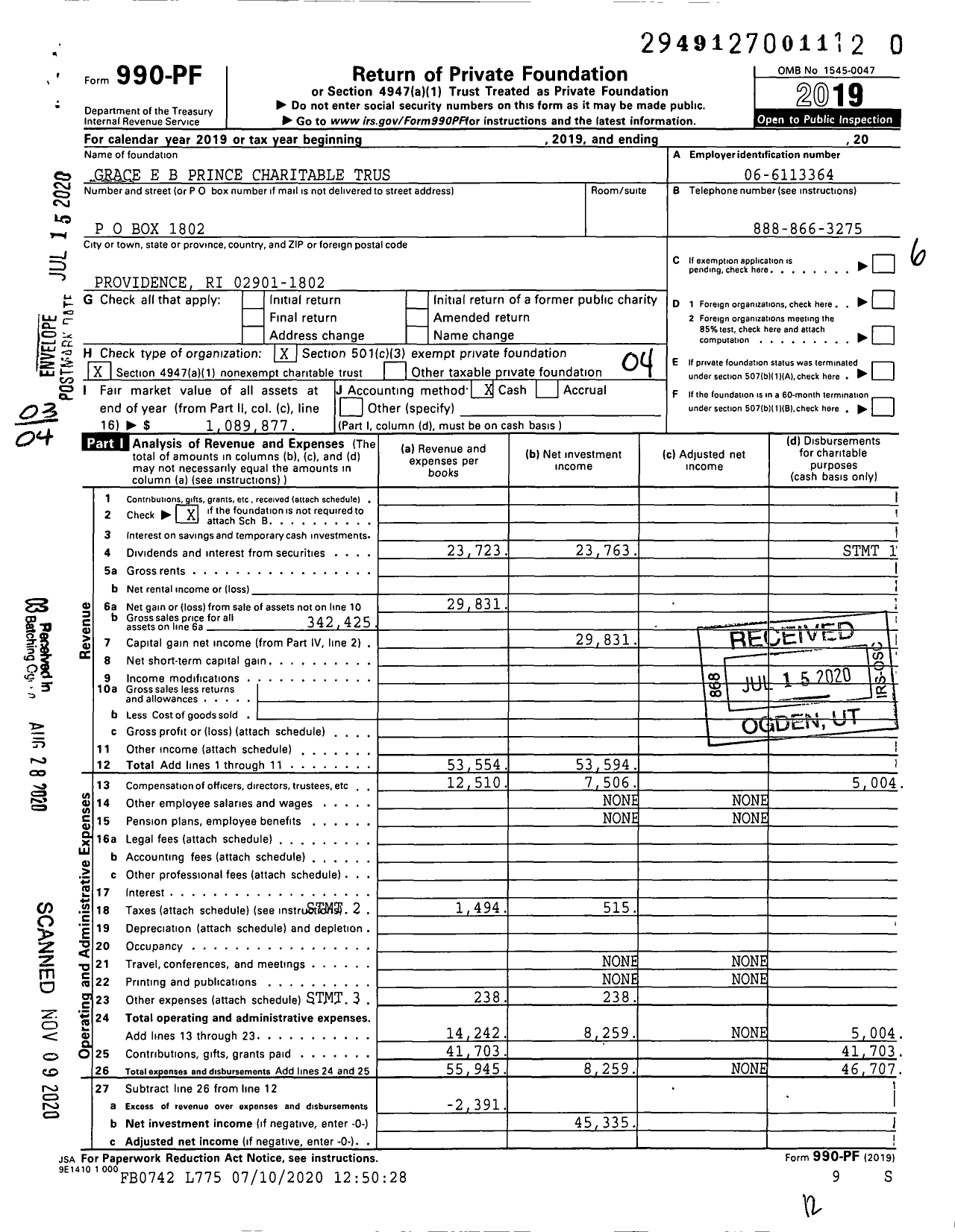 Image of first page of 2019 Form 990PF for Grace Edward Bitgood Prince Charitable Trust