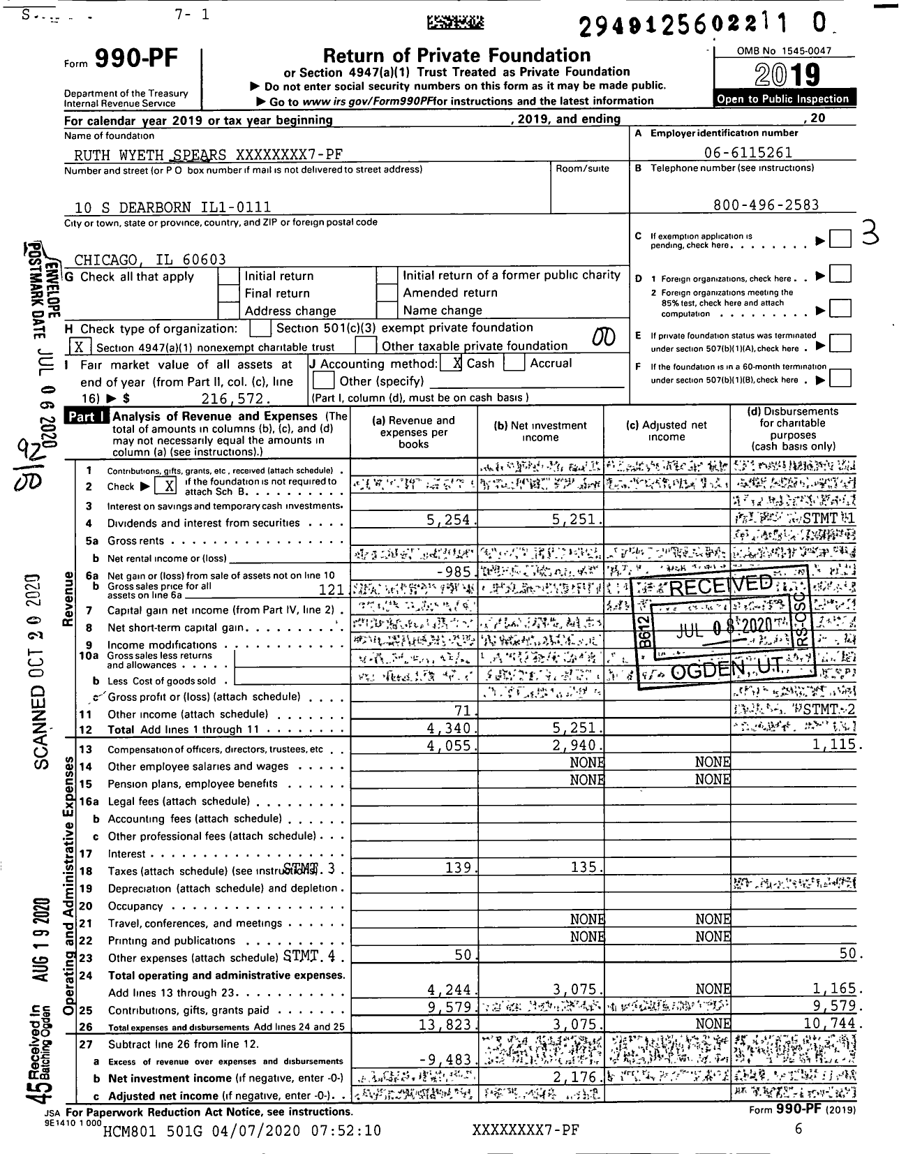 Image of first page of 2019 Form 990PR for Ruth Wyeth Spears XXXXX5007