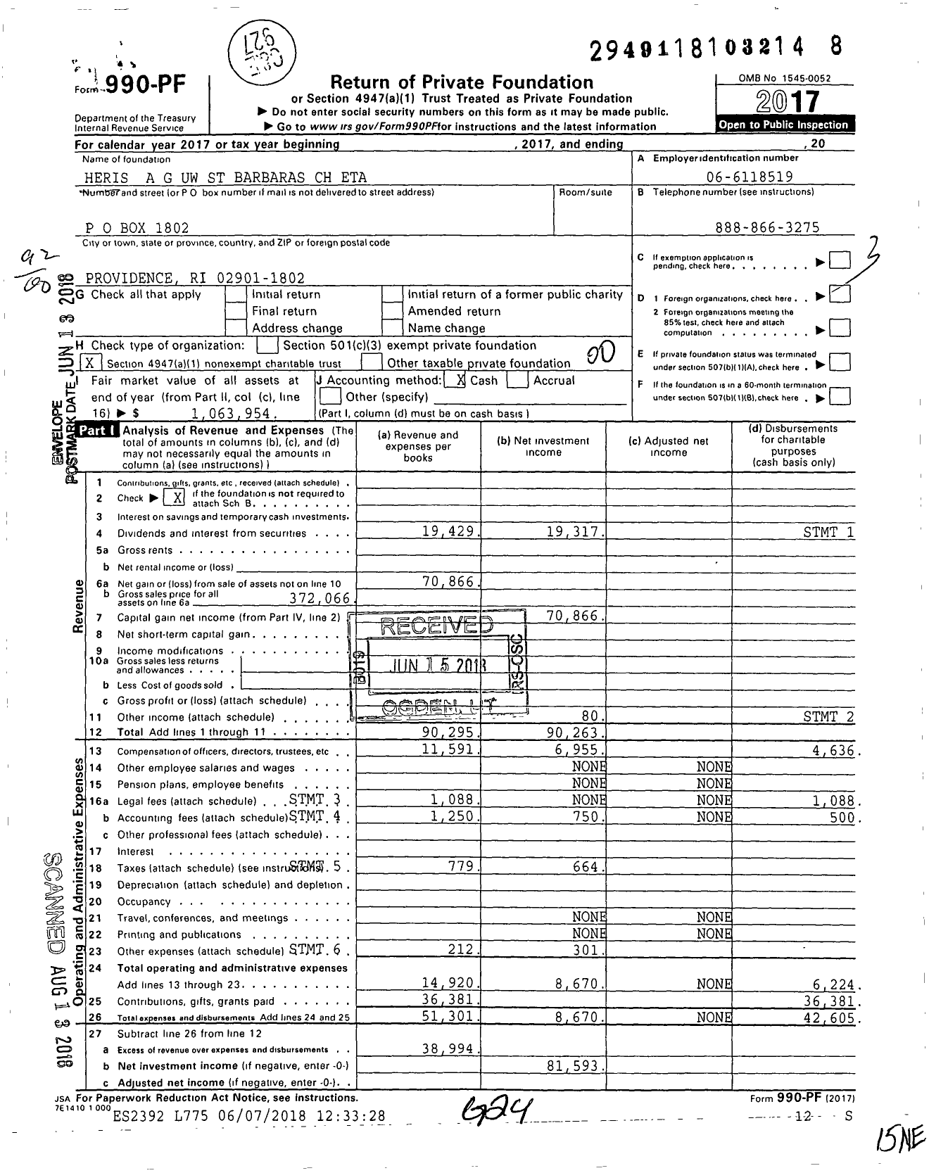 Image of first page of 2017 Form 990PF for Heris A G Uw St Barbaras CH Eta