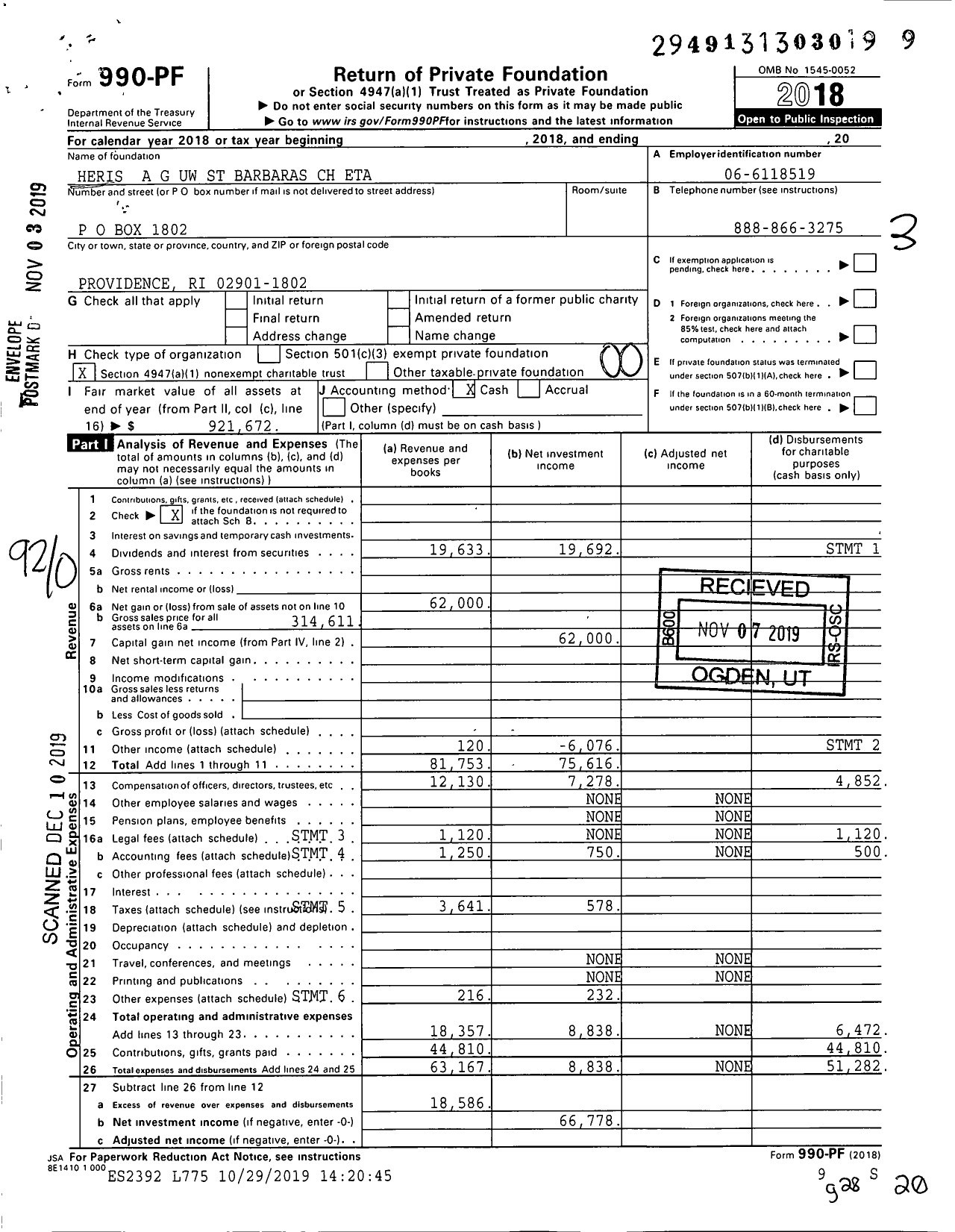 Image of first page of 2018 Form 990PF for Heris A G Uw St Barbaras CH Eta