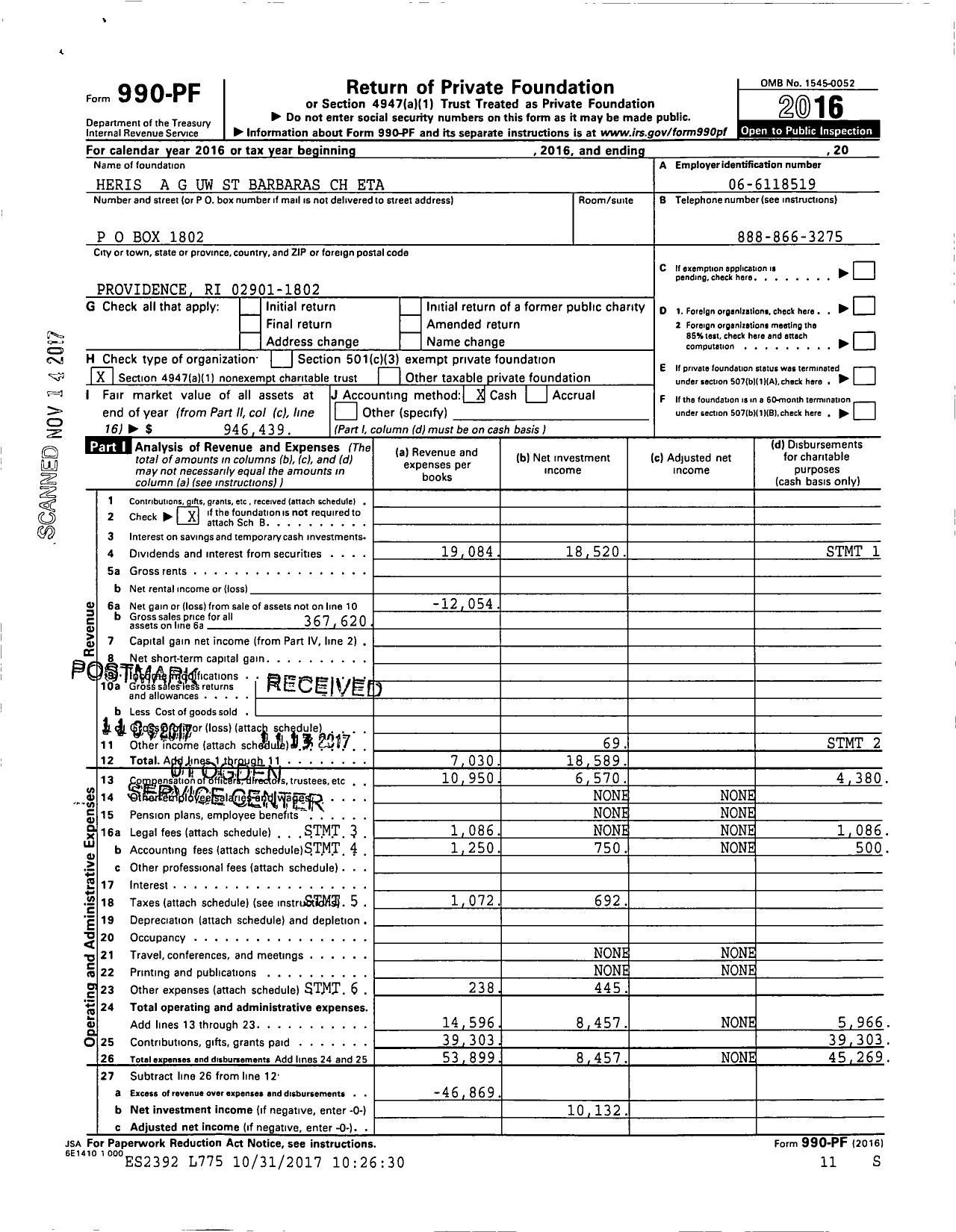 Image of first page of 2016 Form 990PF for Heris A G Uw St Barbaras CH Eta