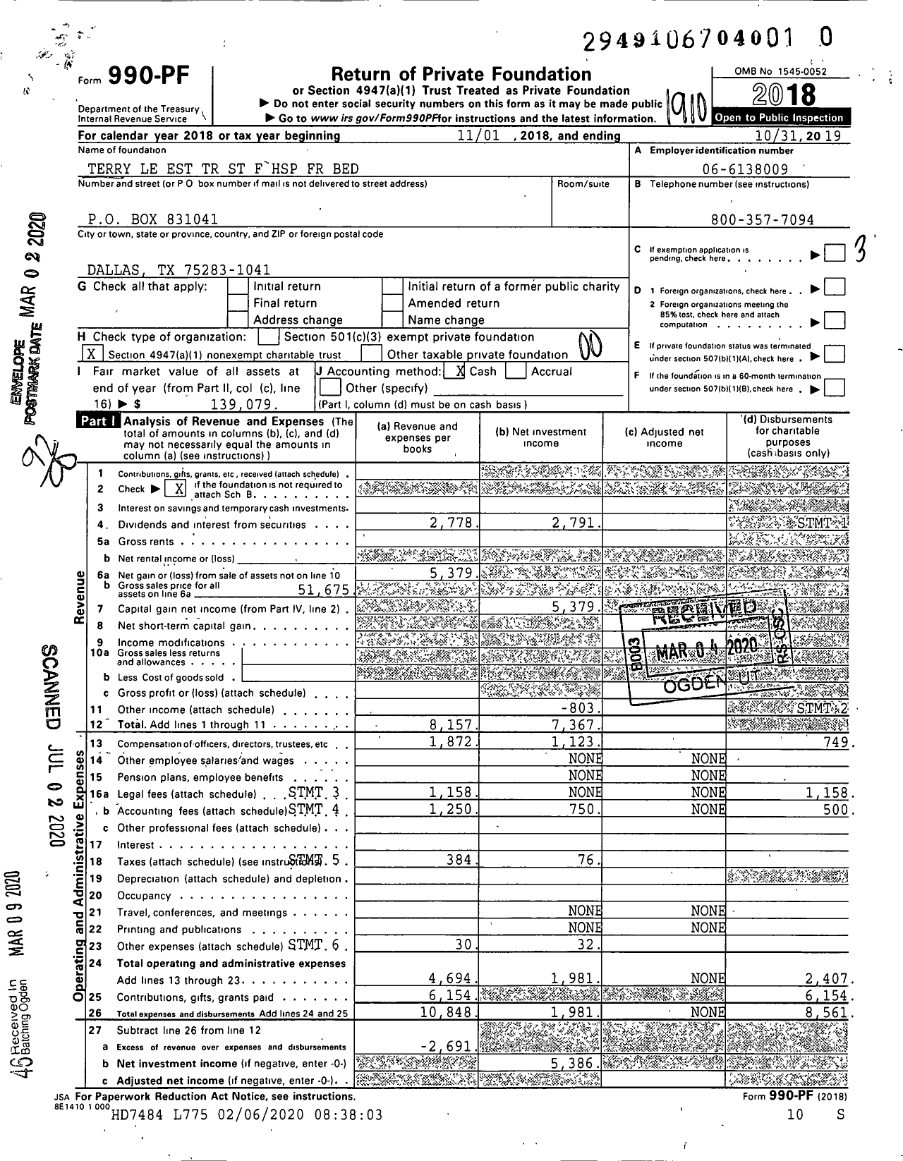 Image of first page of 2018 Form 990PR for Terry Le Est TR St F HSP FR Bed