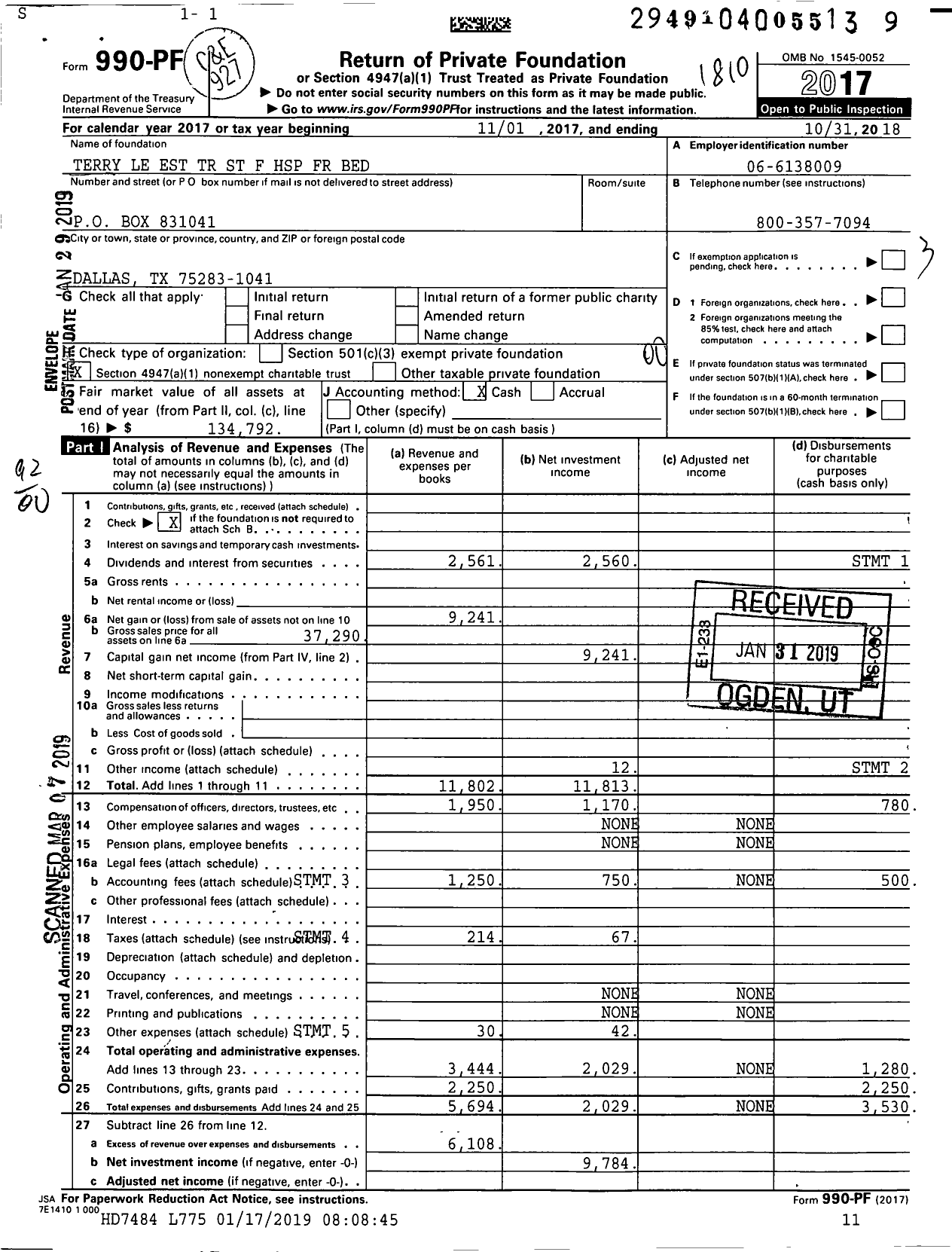 Image of first page of 2017 Form 990PF for Terry Le Est TR St F HSP FR Bed