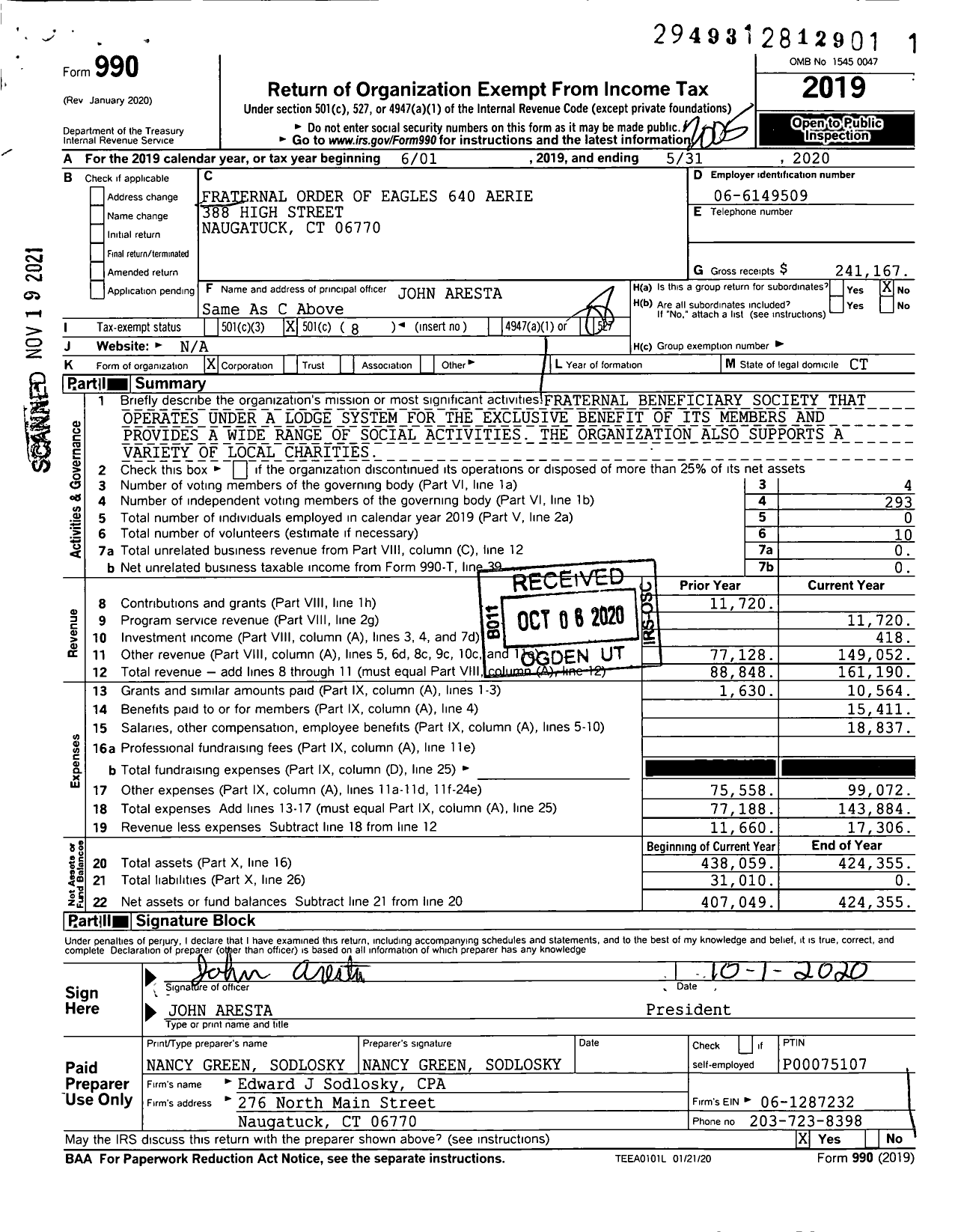 Image of first page of 2019 Form 990O for Fraternal Order of Eagles - 640 Aerie