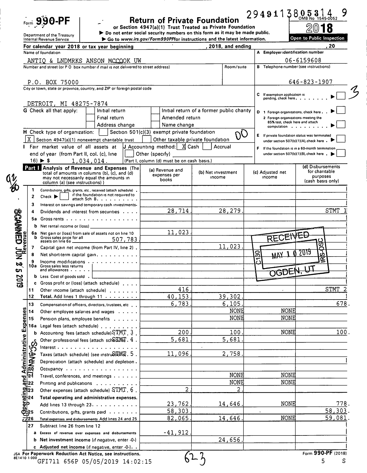 Image of first page of 2018 Form 990PF for Antiq and LNDMRKS Anson Mccook Uw