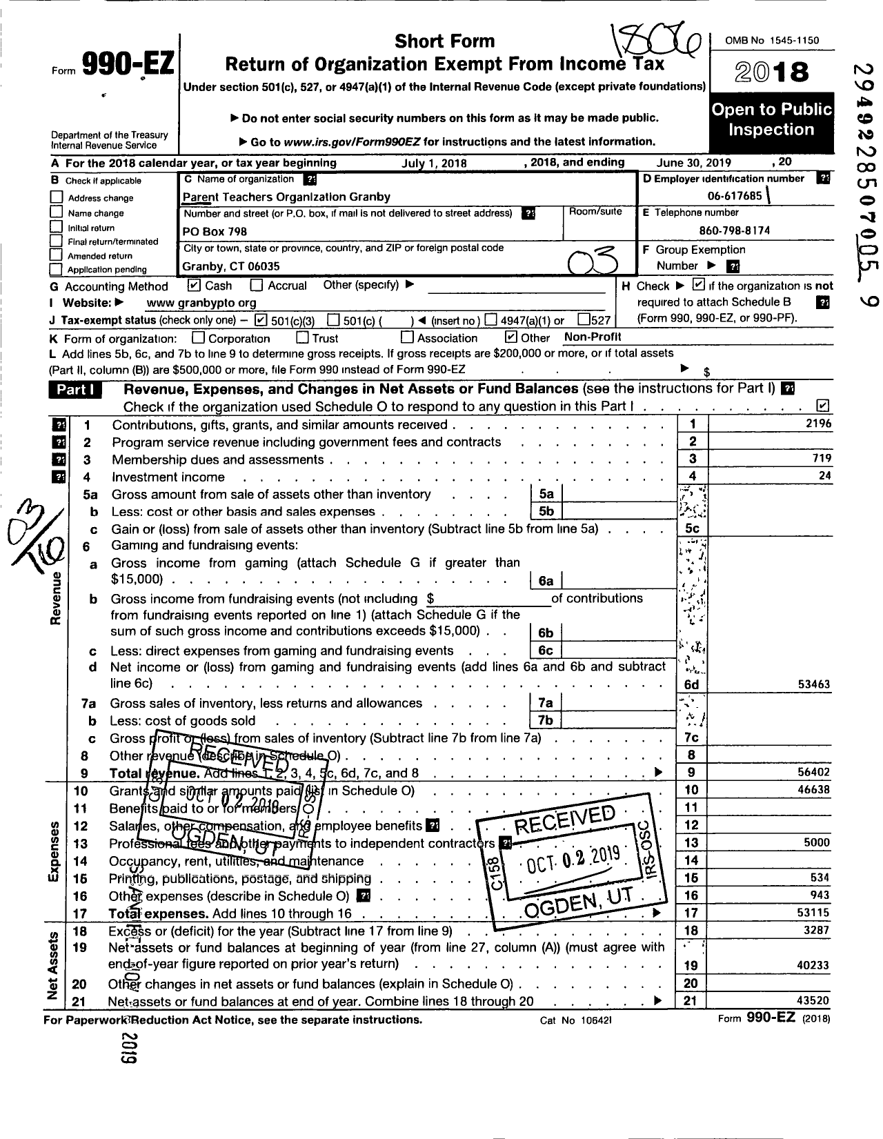 Image of first page of 2018 Form 990EZ for Parent Teachers Organization Granby