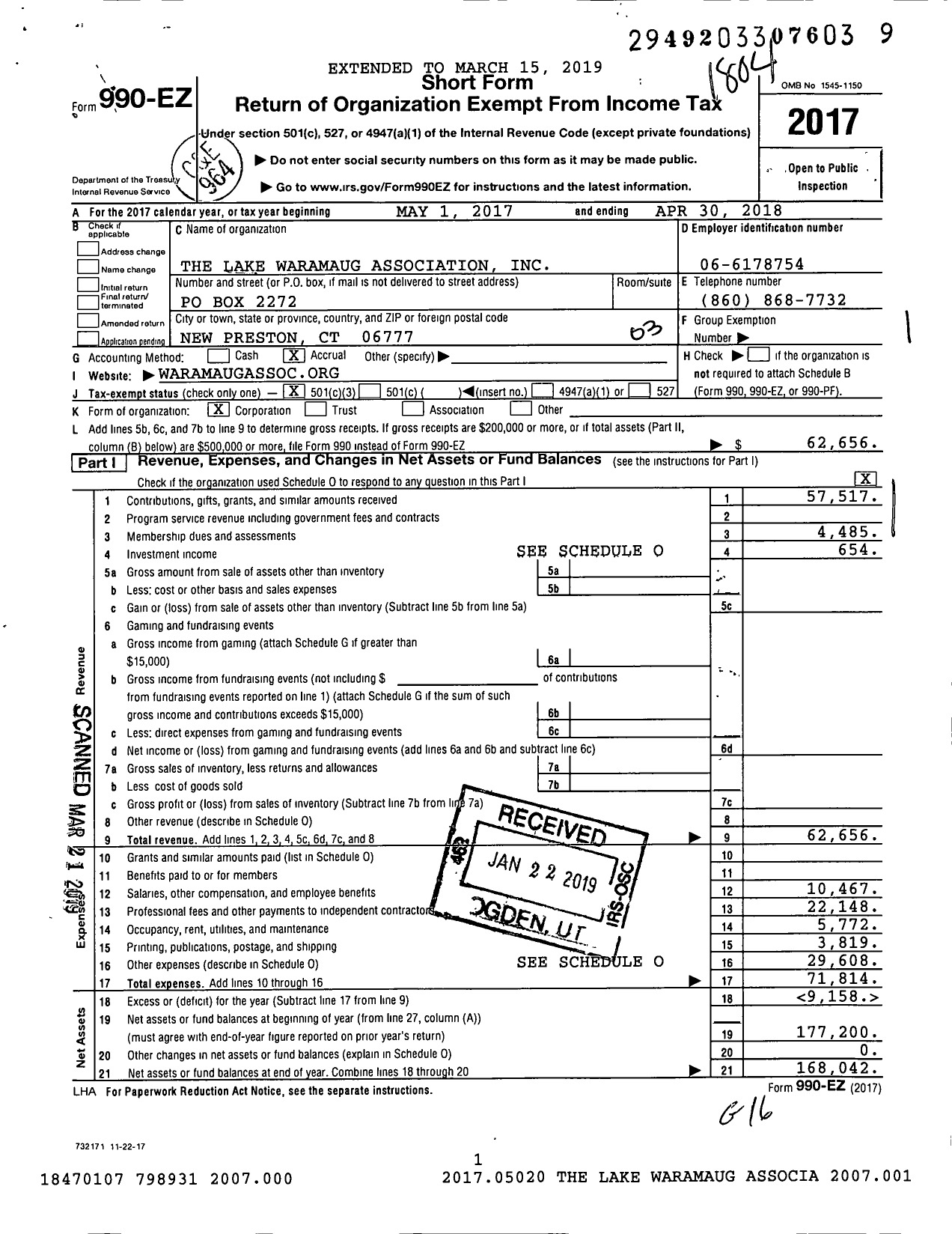 Image of first page of 2017 Form 990EZ for The Lake Waramaug Association