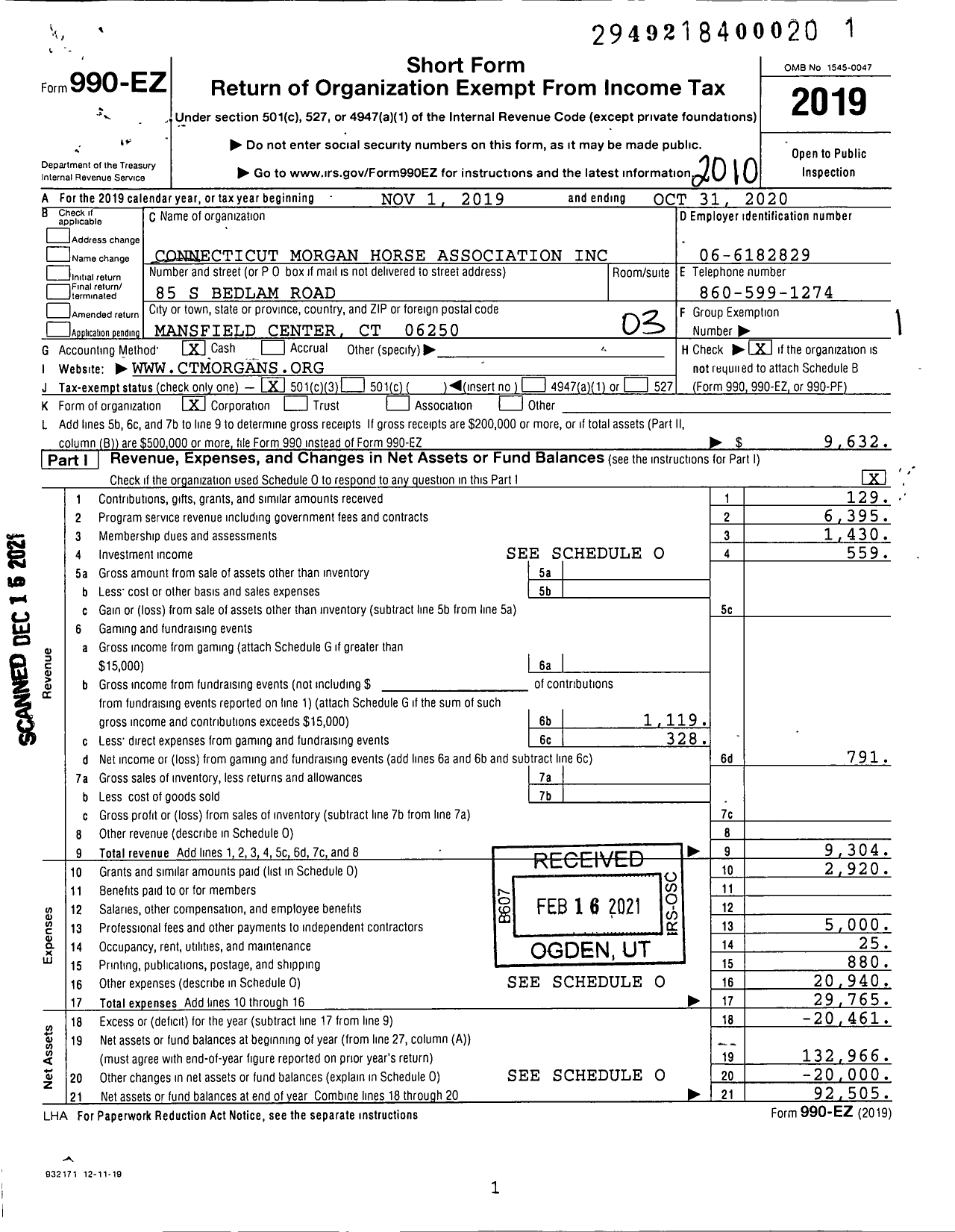 Image of first page of 2019 Form 990EZ for Connecticut Morgan Horse Association