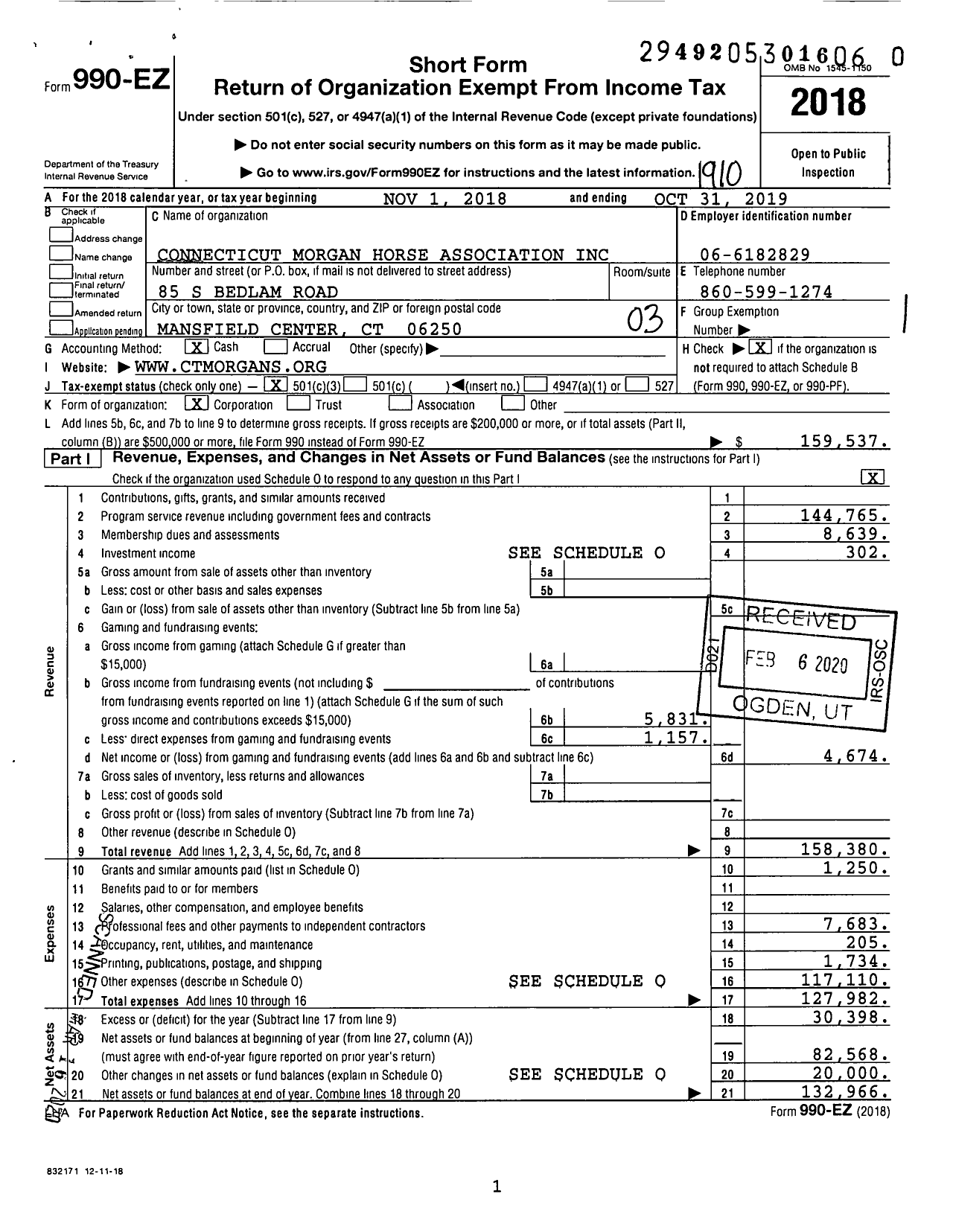 Image of first page of 2018 Form 990EZ for Connecticut Morgan Horse Association