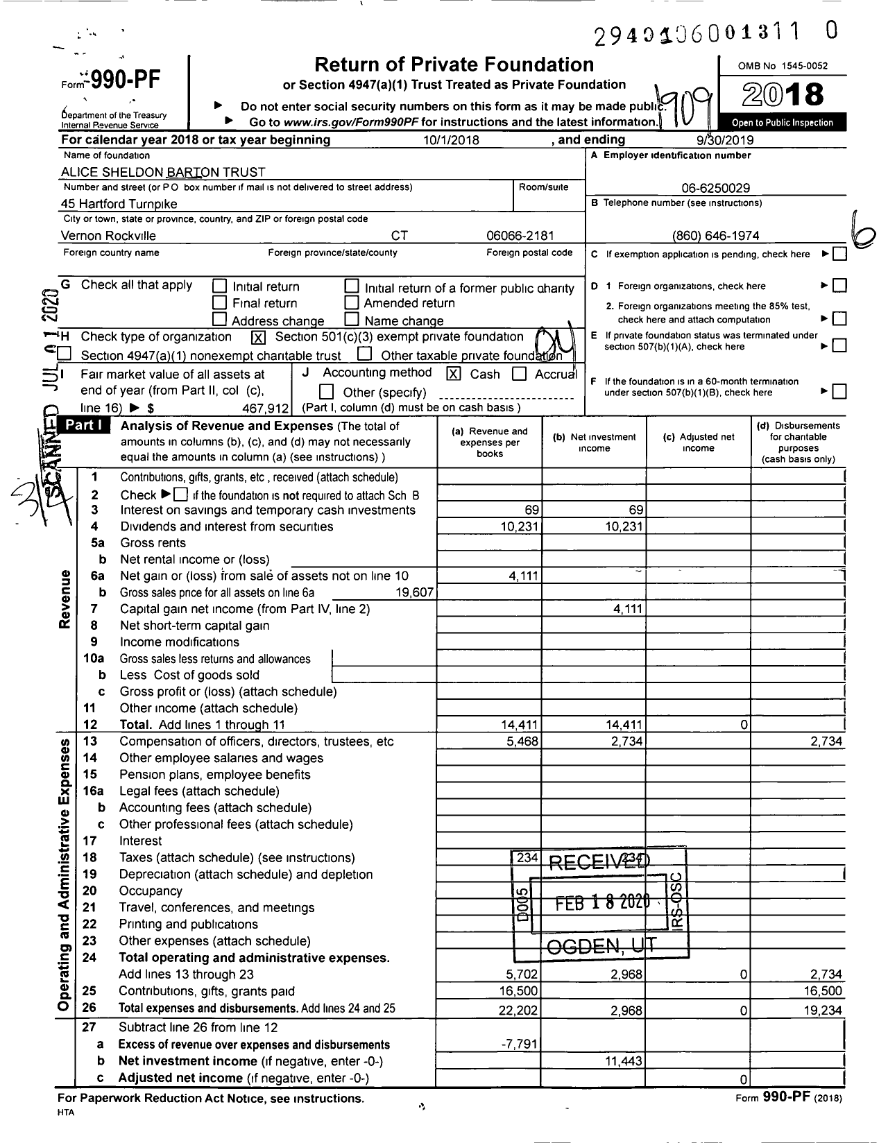 Image of first page of 2018 Form 990PR for Alice Sheldon Barton Trust