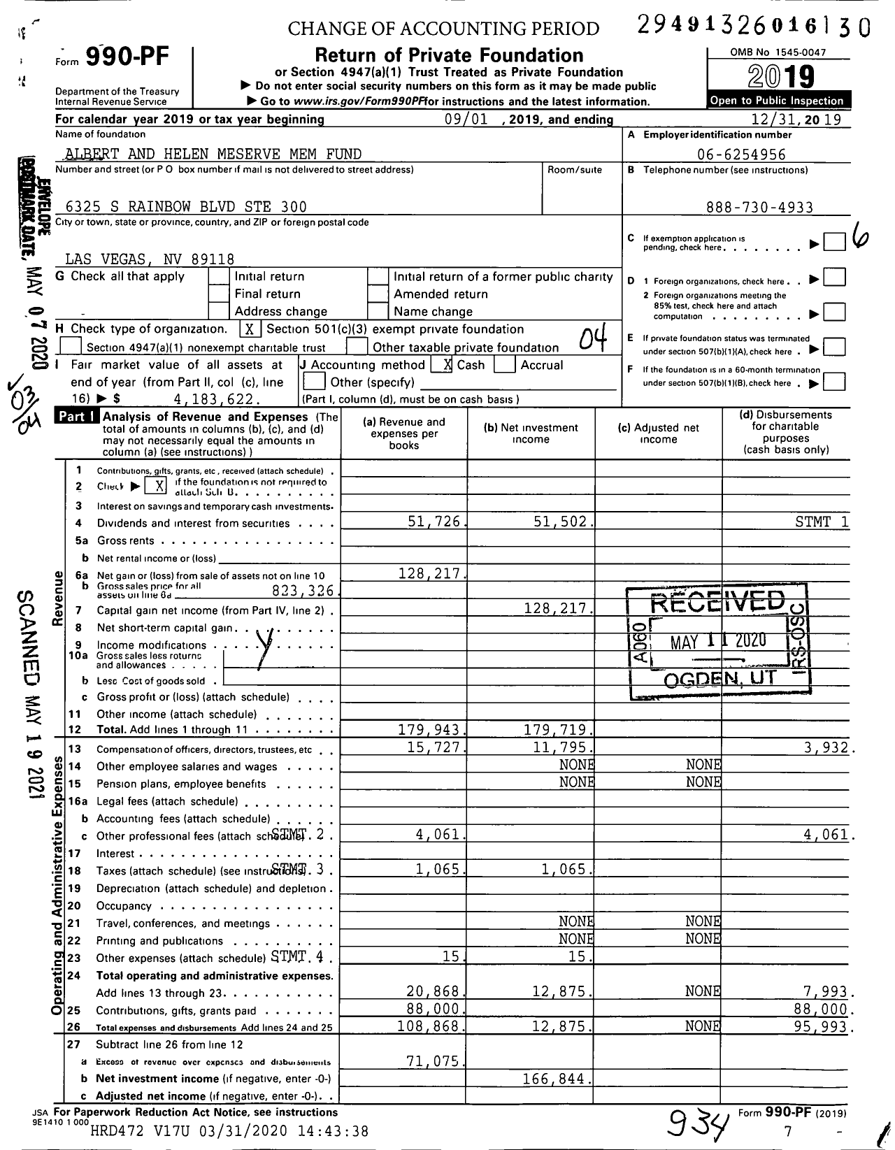 Image of first page of 2019 Form 990PF for Albert and Helen Meserve Mem Fund