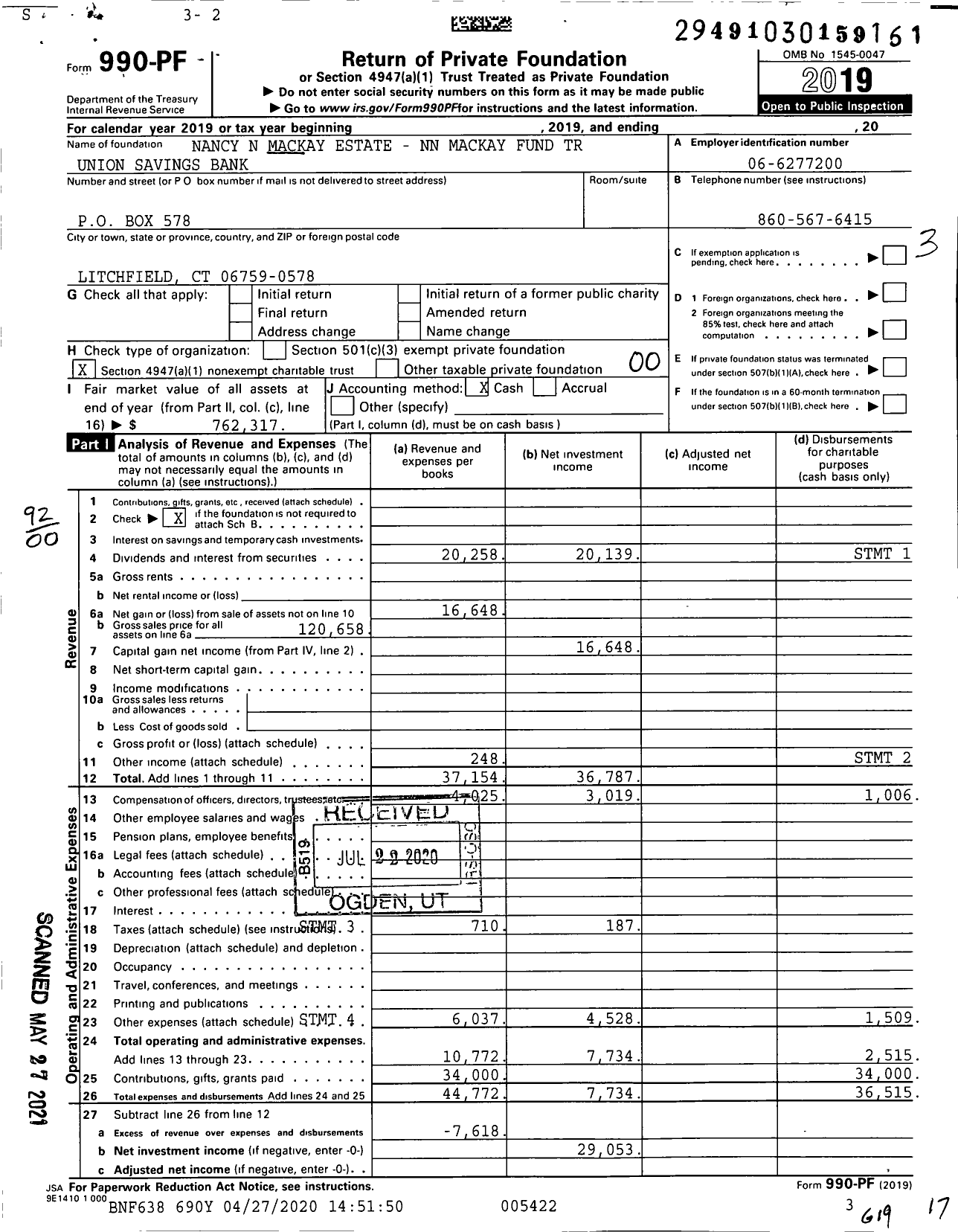 Image of first page of 2019 Form 990PF for Nancy N Mackay Estate - NN Mackay Fund Trust