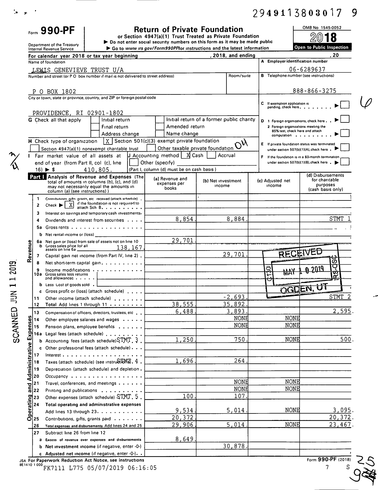 Image of first page of 2018 Form 990PF for Lewis Genevieve Trust