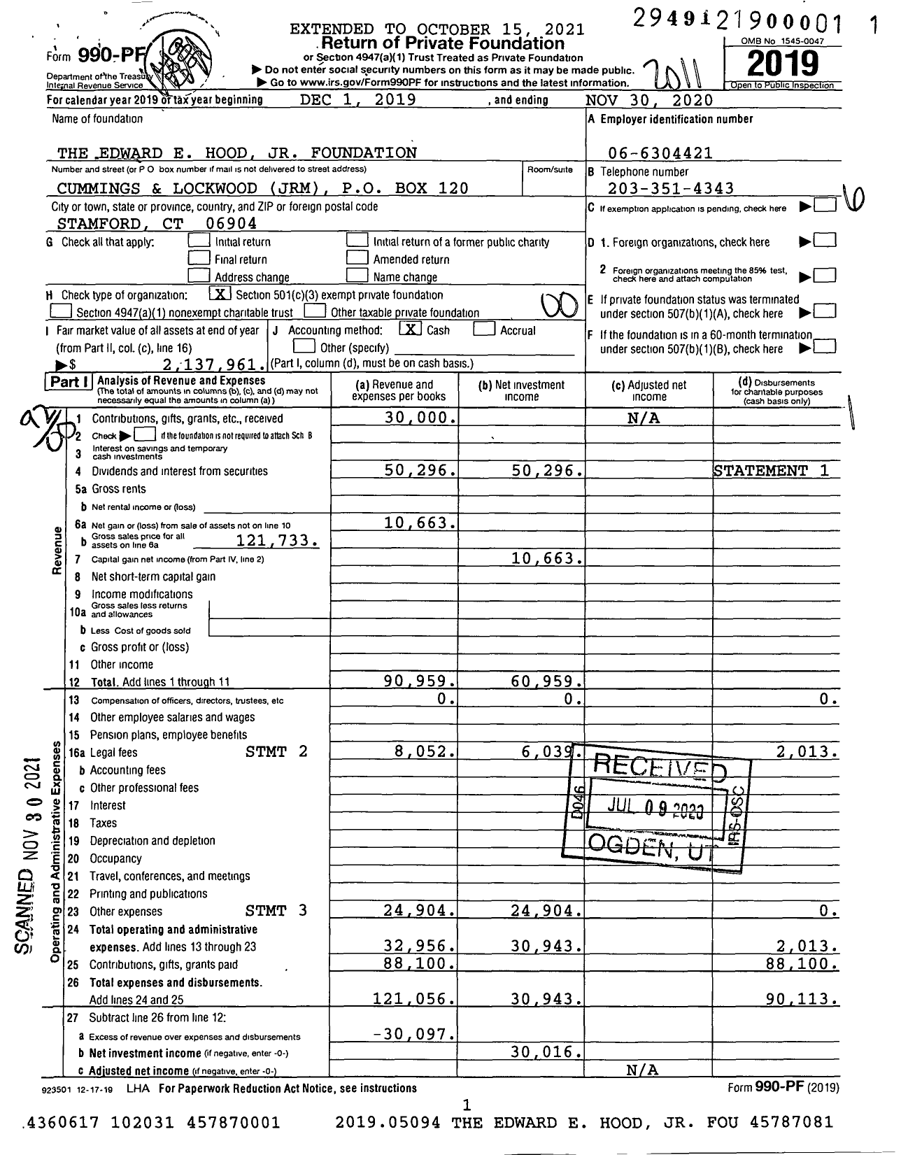 Image of first page of 2019 Form 990PF for The Edward E Hood JR Foundation