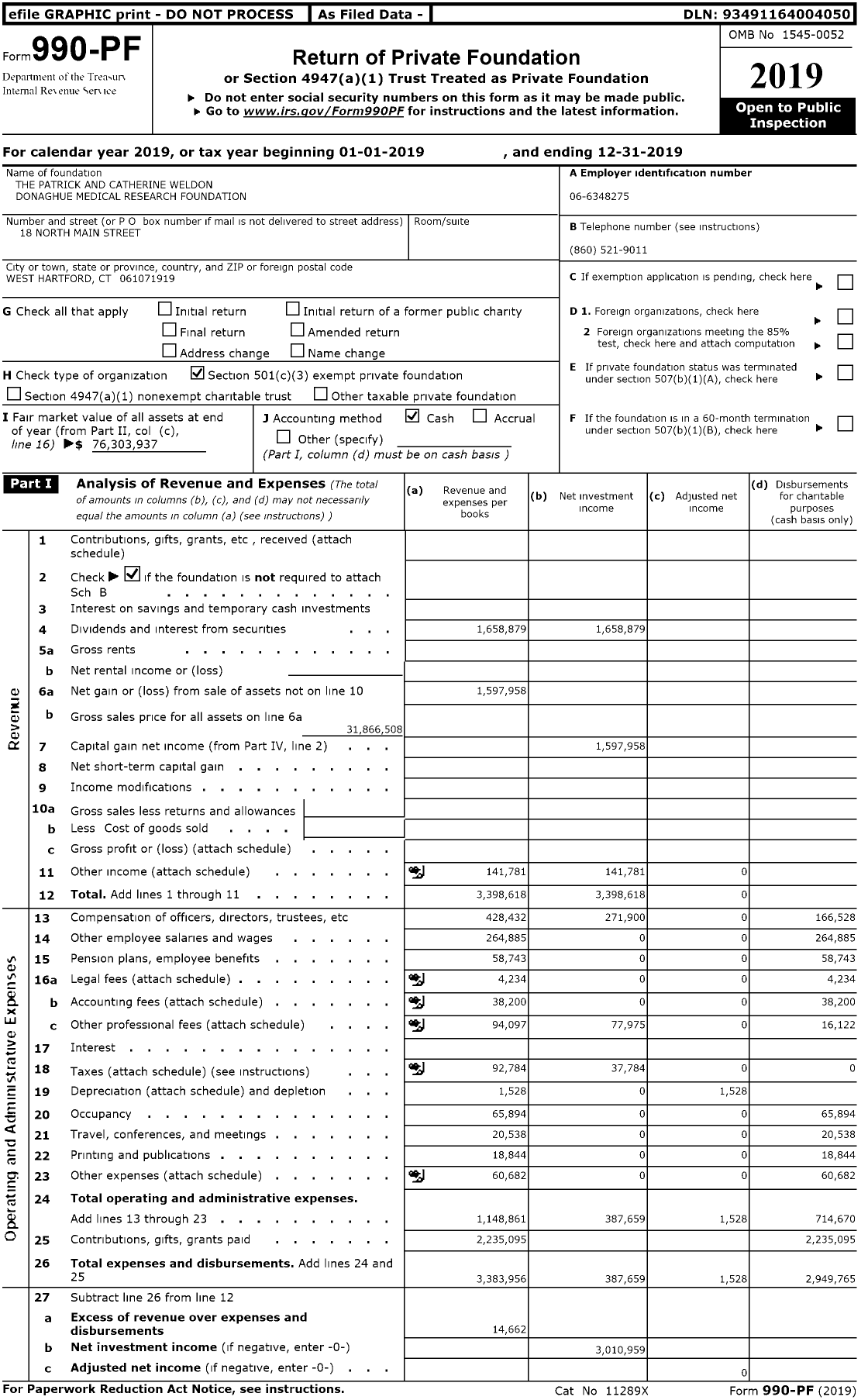 Image of first page of 2019 Form 990PR for The Patrick and Catherine Weldon Donaghue Medical Research Foundation