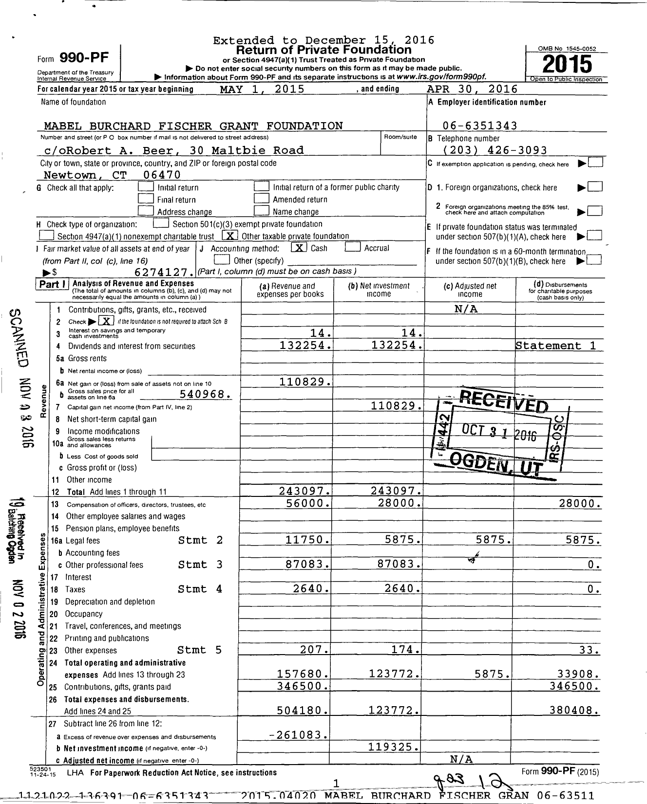 Image of first page of 2015 Form 990PF for Mabel Burchard Fischer Grant Foundation