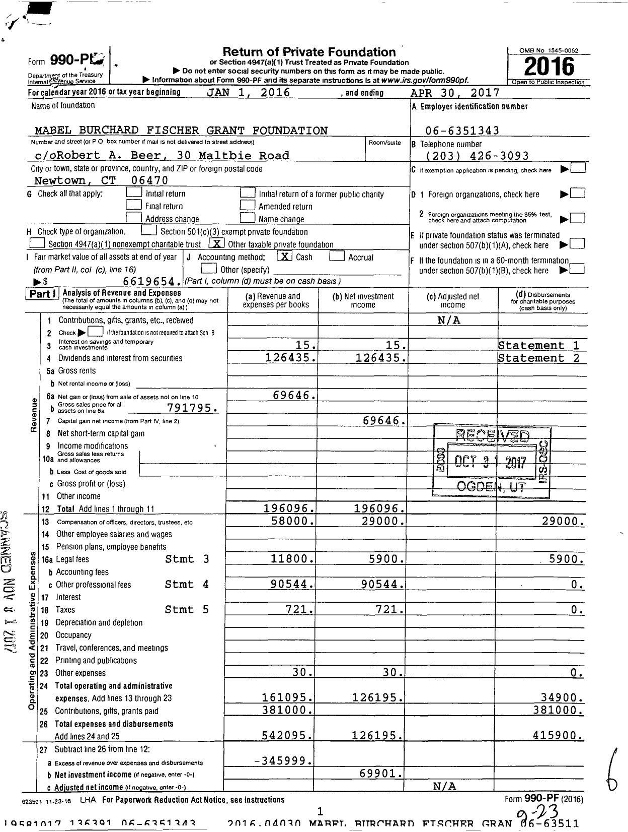 Image of first page of 2016 Form 990PF for Mabel Burchard Fischer Grant Foundation