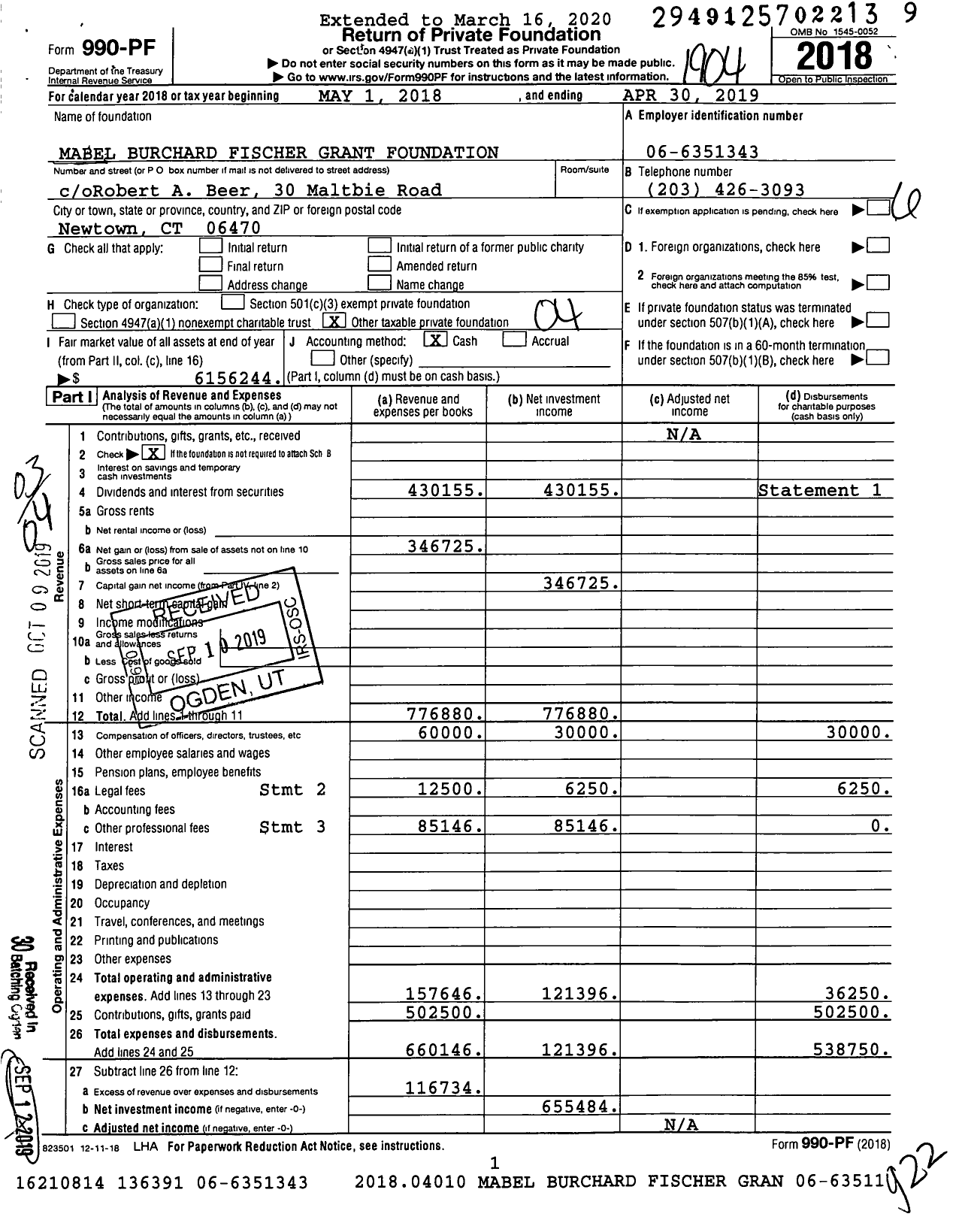 Image of first page of 2018 Form 990PF for Mabel Burchard Fischer Grant Foundation