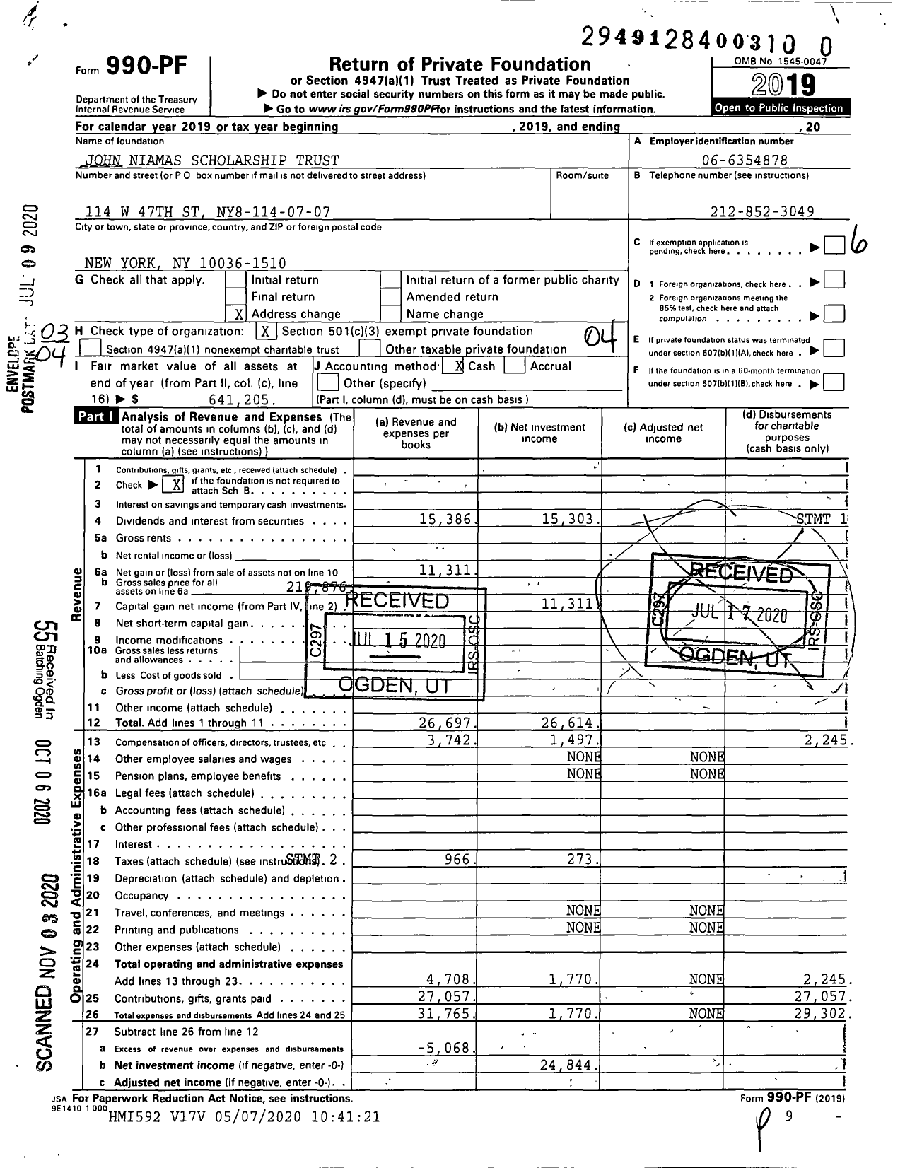 Image of first page of 2019 Form 990PF for John Niamas Scholarship Trust